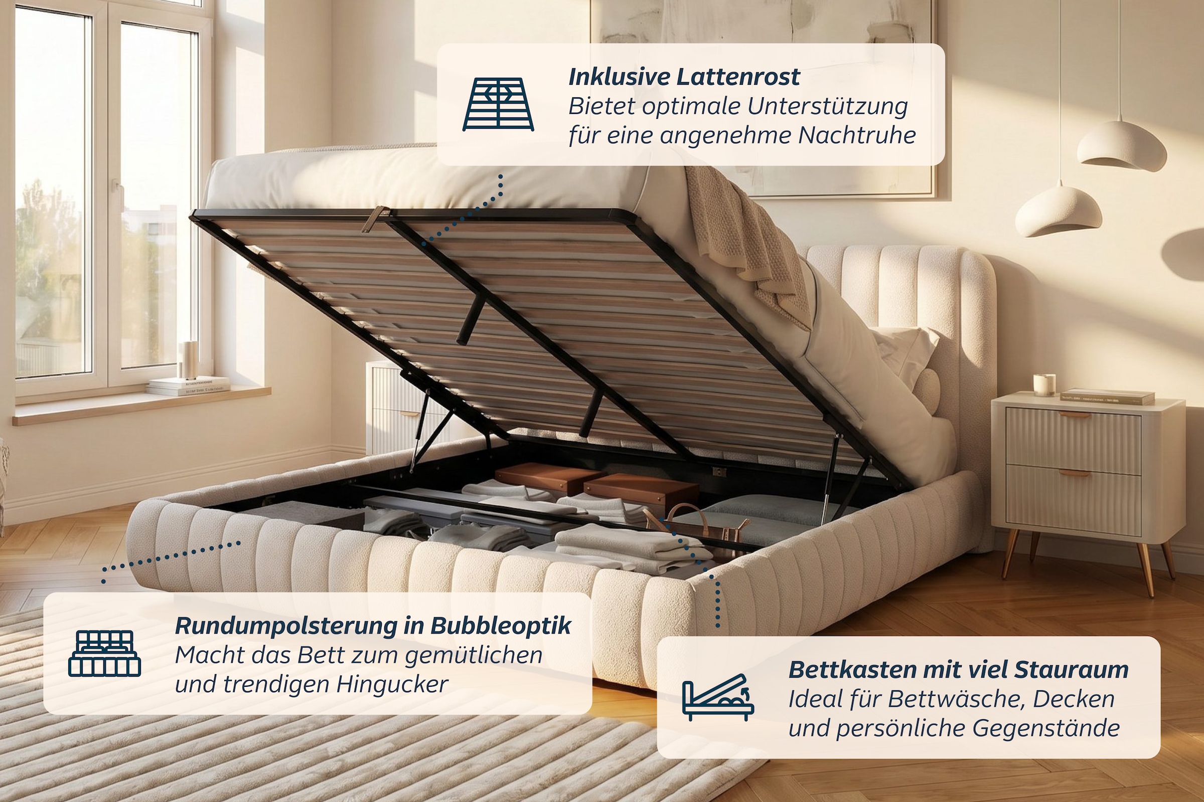 GOODproduct Lit rembourré »SELVAIR, Stauraumbett mit Lattenrost und Bettkasten, Chenille-Bezug« tête de lit et cadre épaissis rembourrés, surface de couchage 180x200 cm