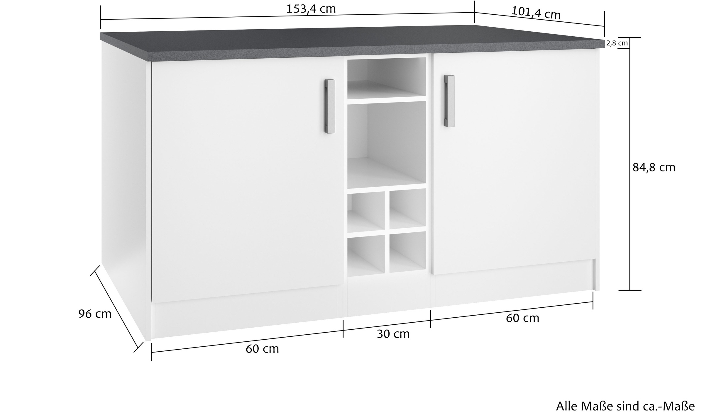 KOCHSTATION Ilot de cuisine »KS-Toronto« largeur 153 cm, façades MDF, casier à bouteilles
