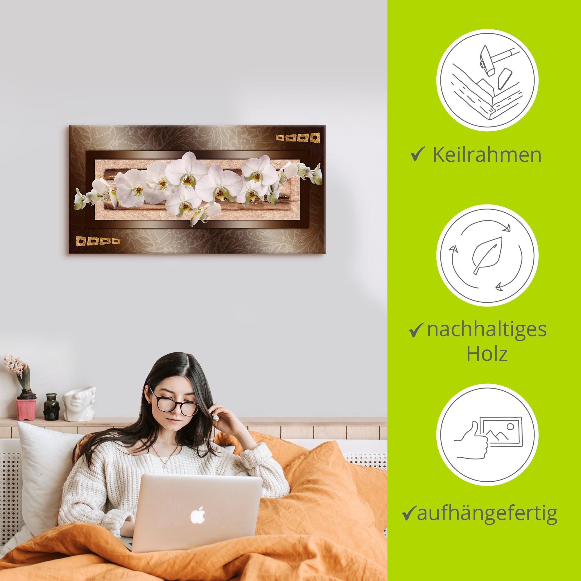 Artland Leinwandbild »Weisse Orchideen mit goldenen Vierecken« Blumen 1 Stk. tlg. auf Holzrahmen gespannt