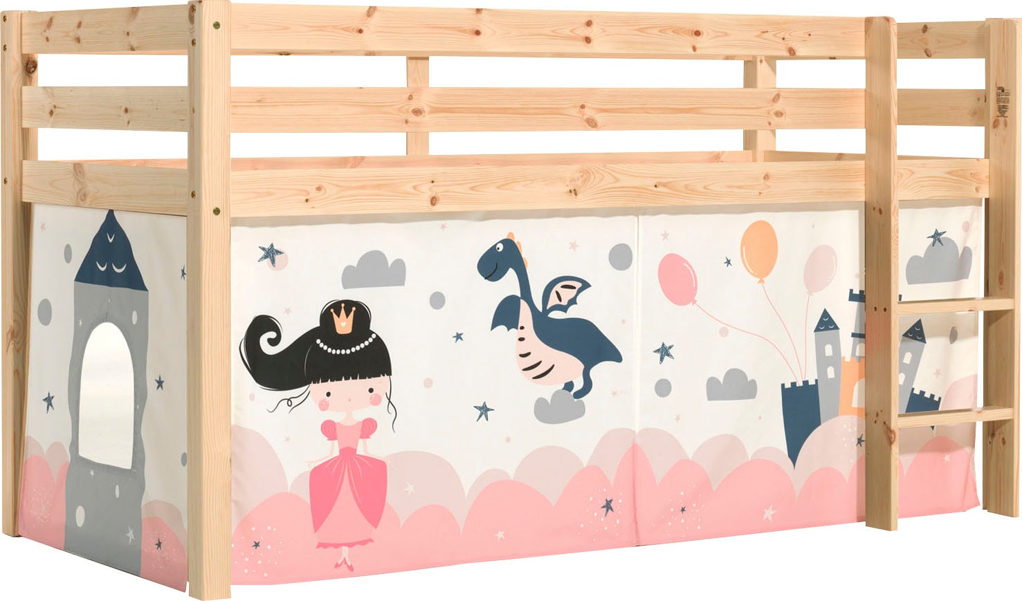 Vipack Spielbett »Pino, Kiefer massiv, mit Rolllattenrost u. Textil-Set, Made in Europe« B/H/T ca. 210x114x106cm, mit Leiter und Absturzschutz,  verschiedene Textil Dessins, 3 Gestellfarben zur Wahl