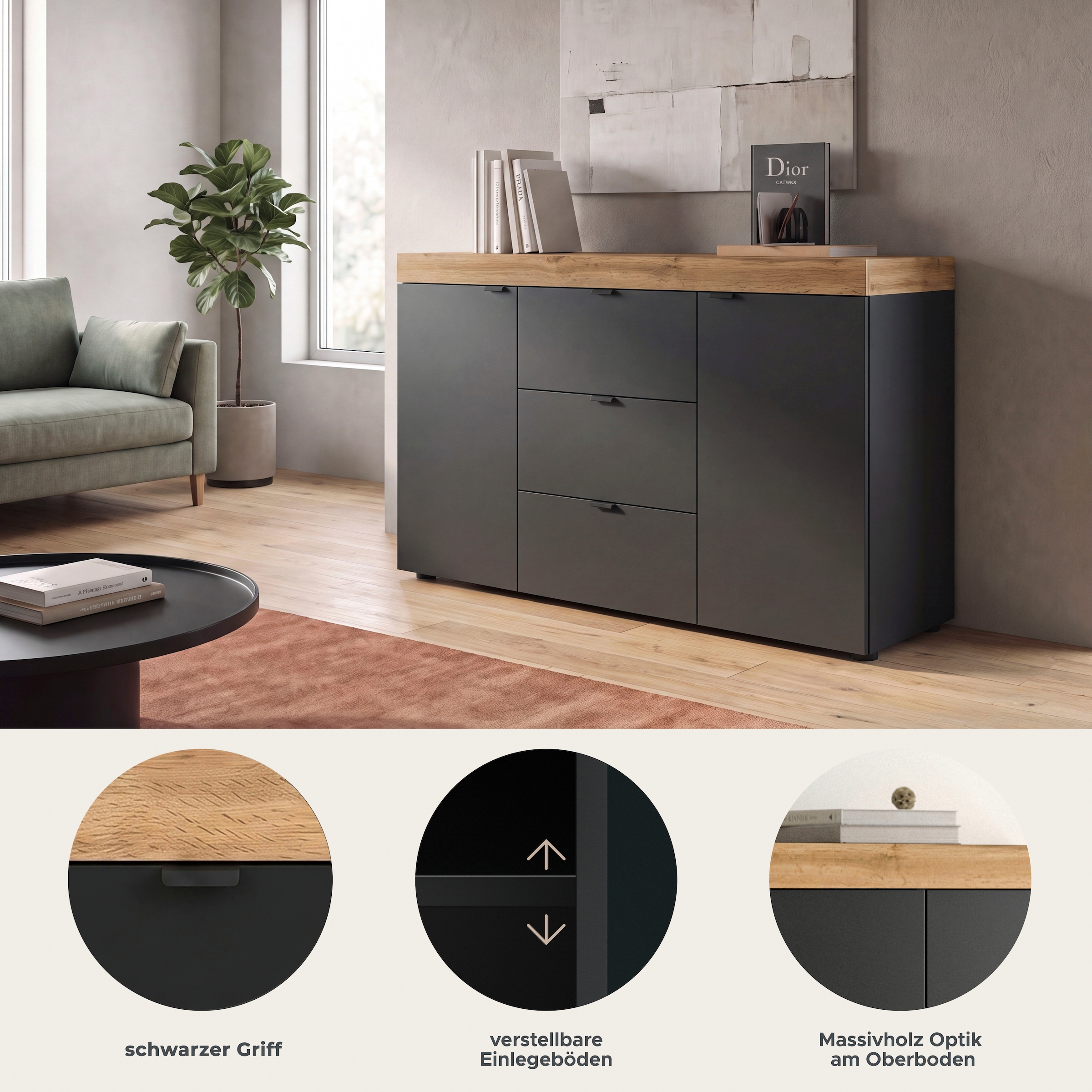 GOODproduct Buffet »MAMBO II, Breite 125 cm, 2 Türen, 3 Schubkästen« 1 cuis tlg. Buffet, commode, salon, couloir, bureau