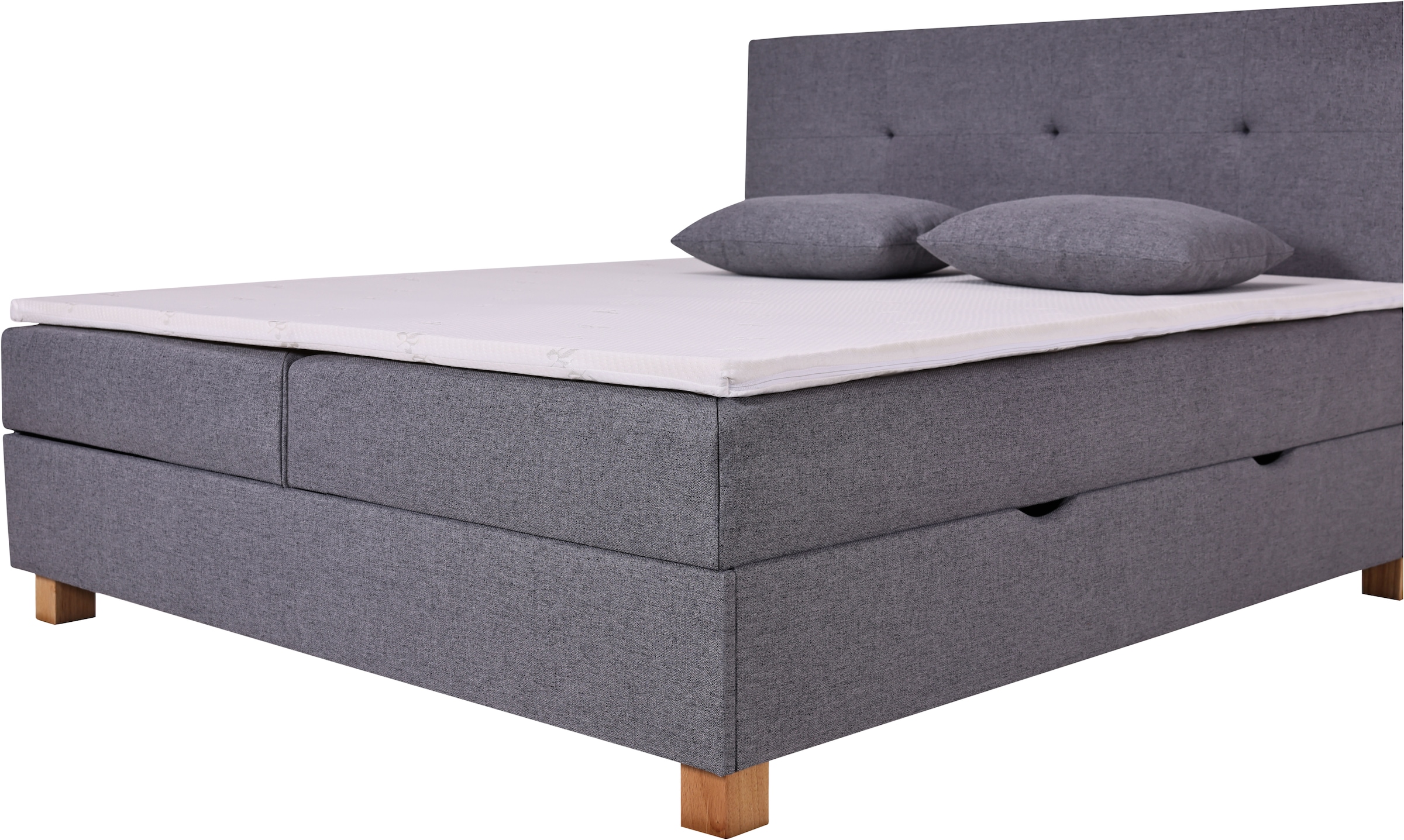 Home affaire Lit de boxe »Oyré inkl. Bettkasten, Topper und 2 gratis Kissen, 180x200 cm« mit Holzfüsse in eichefarben