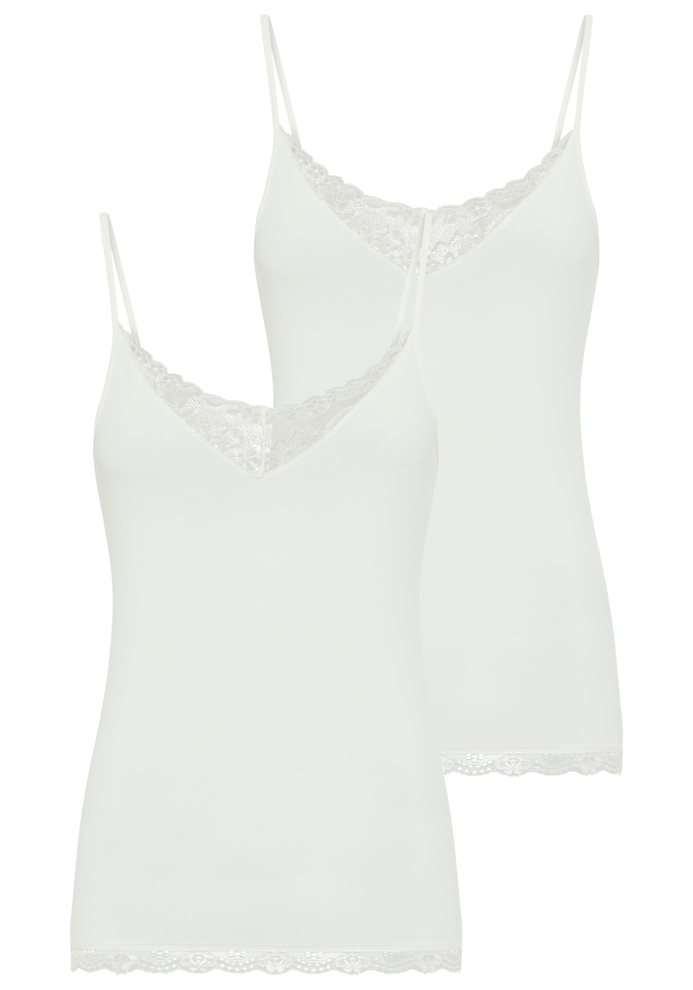 YSABEL MORA Top à bretelles spaghetti 2er Pack,  elastisch, Spitzeneinsatz, schmale Träger, femininer Stil