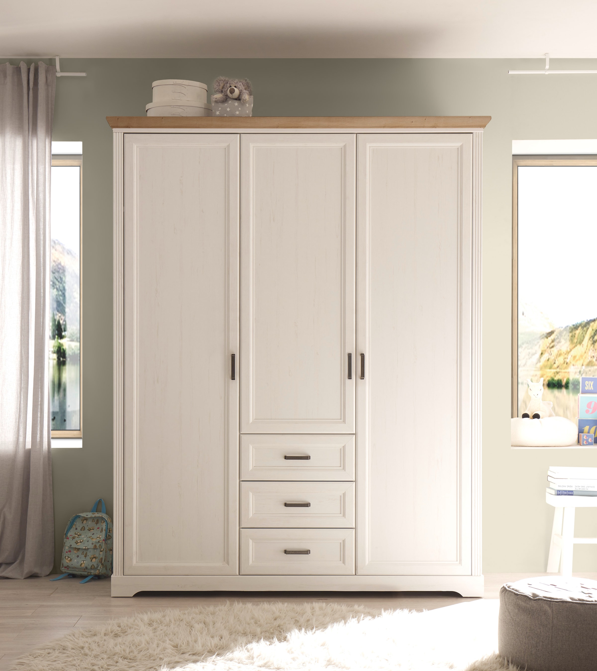 Begabino Armoire à portes battantes »Jasmin Schrank, Kleiderschrank mit Drehtüren« im Landhausstil, Kranzleiste mit farblicher Absetzung