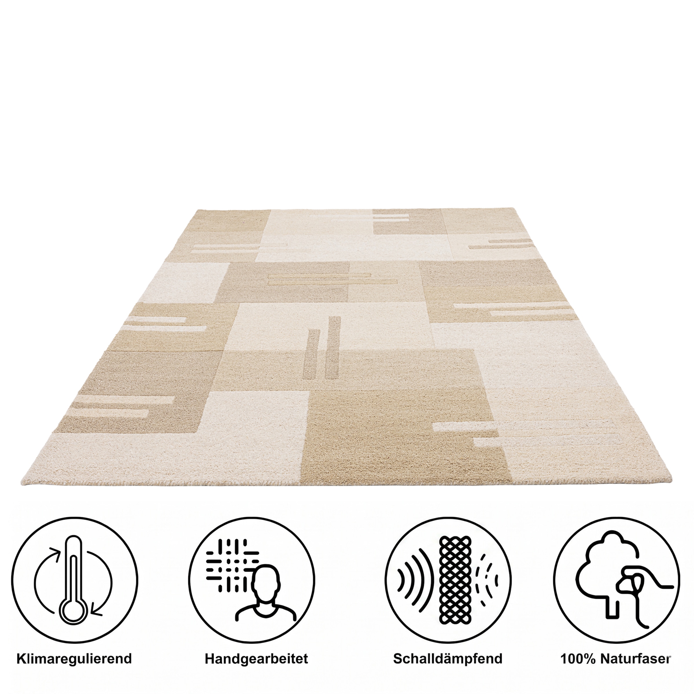 THEKO Tapis en laine »Gabbeh Kästchen, Patchwork Design, reine Wolle« Rectangulaire 14 mm Höhe Tons naturels, salon, chambre à coucher, salle à manger