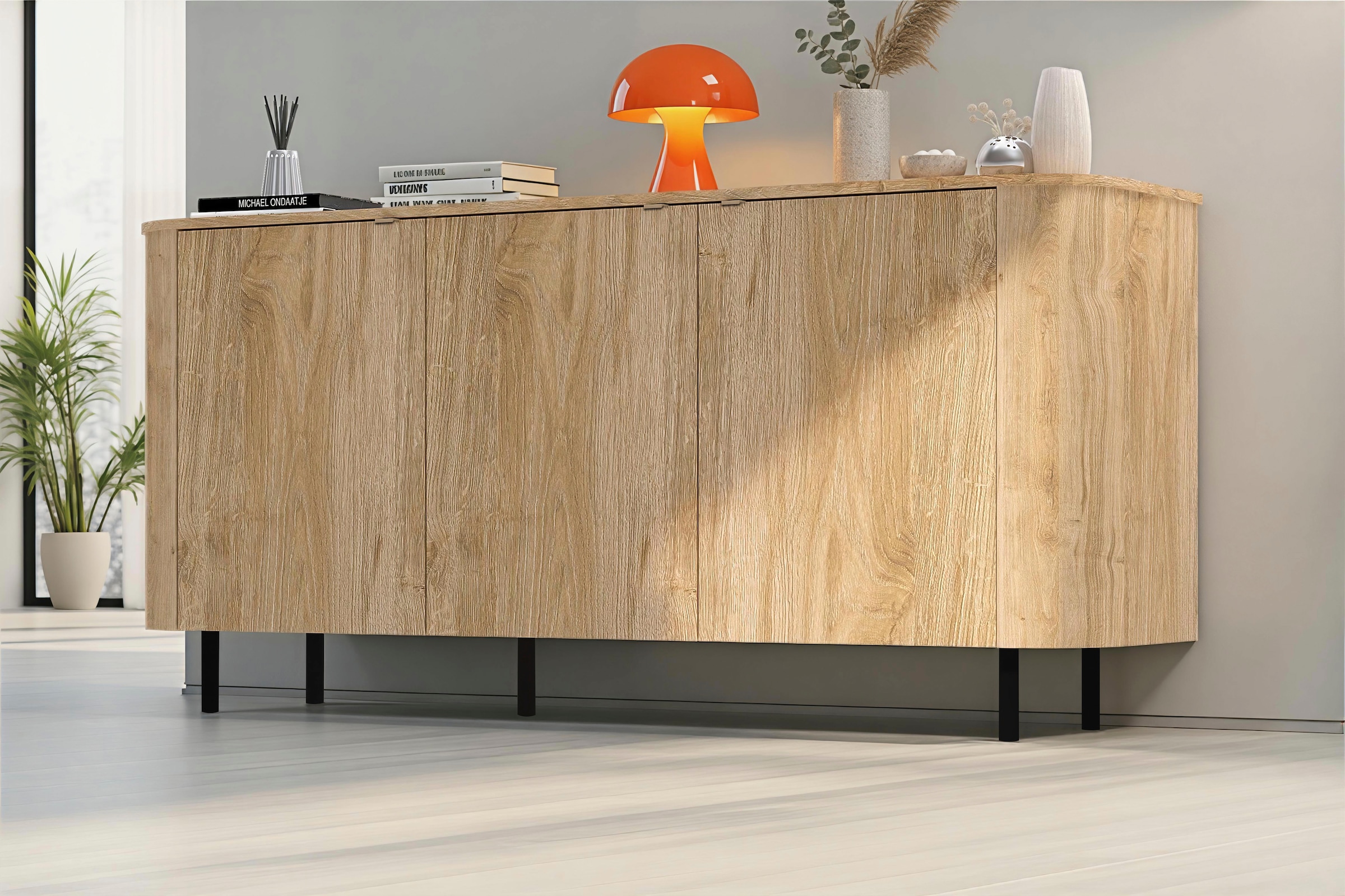 Home affaire Sideboard »Murano, 181 cm breit, 3 Türen, Anrichte, Kommode, Stauraumschrank« Formgebogenes MDF, Stirnseiten mit Rundung, Füsse und Griffe aus Metall
