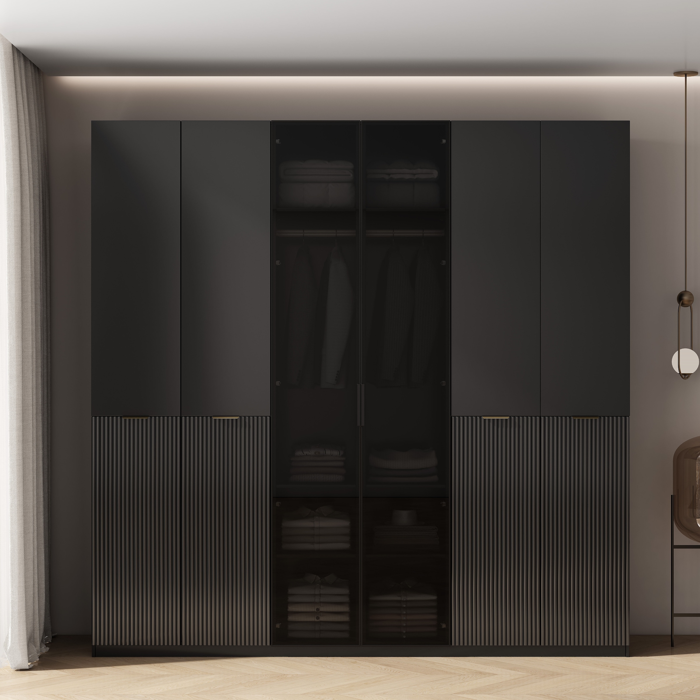 GOODproduct Kleiderschrank »Jorella Schlafzimmerschrank Garderobe mit Softclose Türen Glastüren« eleganter Schlafzimmerschrank Rillendesign Trend Breite 241cm Grauglas