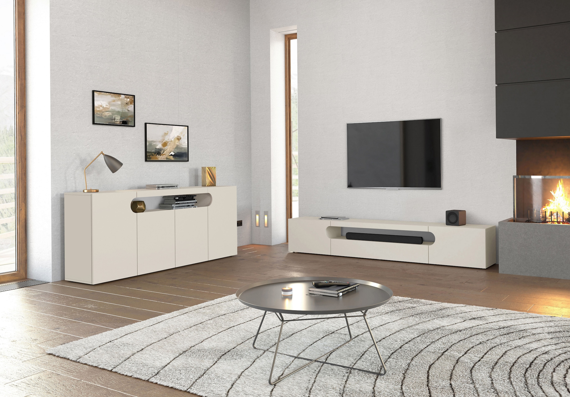 Home affaire Table basse »REAL TV-Möbel, 240 cm breit, 40/60 cm hoch, Hochglanz oder matt« mit 2 abgerundeten Türen, 1 Klappe, die ein ovales offenes Fach bilden