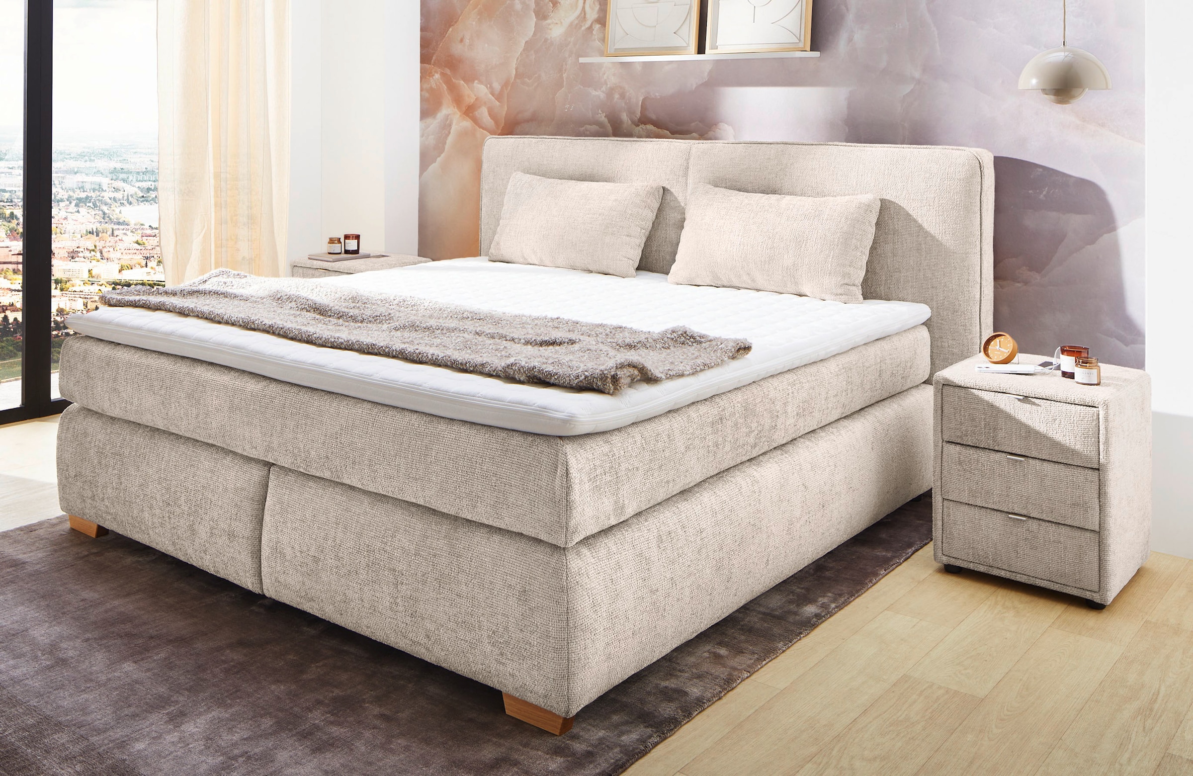 Jockenhöfer Gruppe Lit boxspring »Valentina in der Breite 180cm, beige, extra dickes Kopfteil mit Keder« Matelas TTFK 7 zones, surmatelas visco, différents degrés de fermeté disponibles