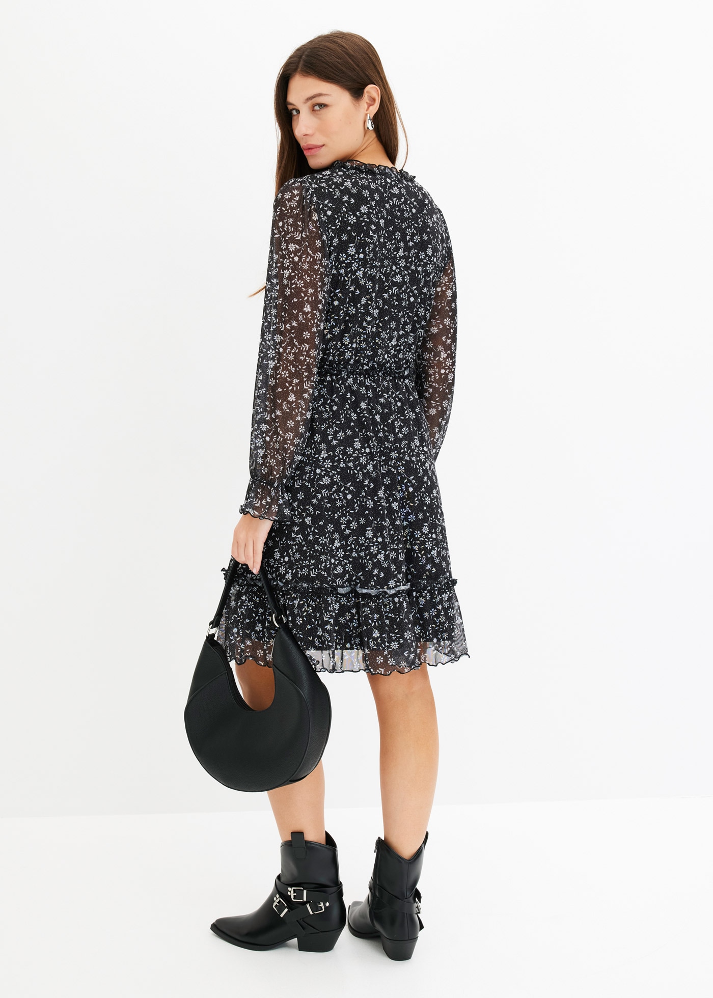 bonprix Minikleid 1 tlg. eleganter Stil, aus Mesh-Material mit floralem Druck, mit langem Arm