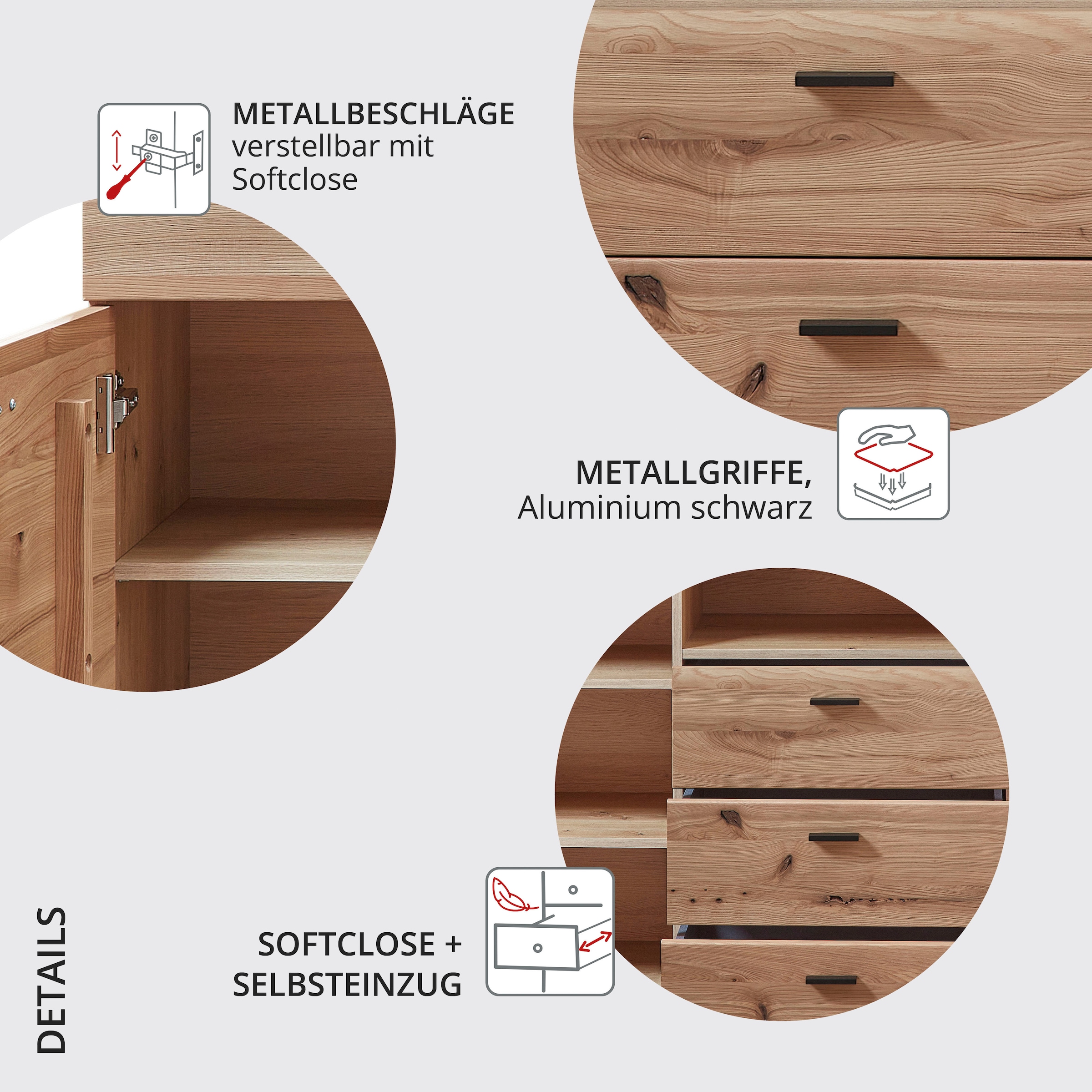 Wohnconcept Buffet »Malaga Sideborad, 160x88x42 (BxHxT)« 1 cuis tlg. Façade en bois massif, 2 portes, 3 tiroirs, softclose