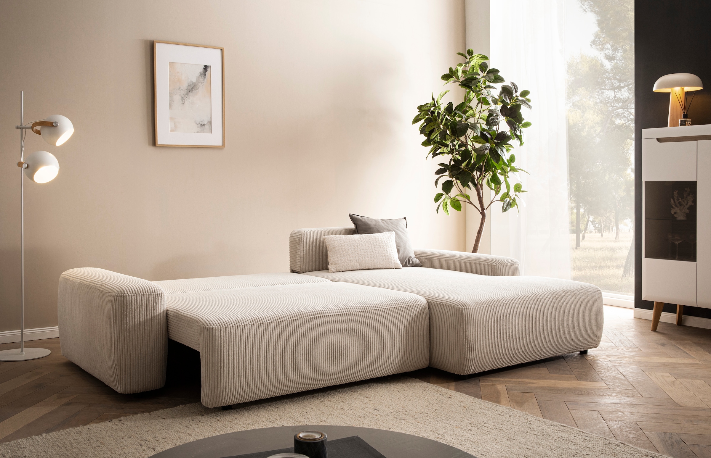 Home affaire Canapé d'angle »TORGE (264cm), Schlafsofa in Cord, Samtvelours o Struktur fein, L-Form« fonction couchage, coffre-lit, surface de couchage : 125/210 cm