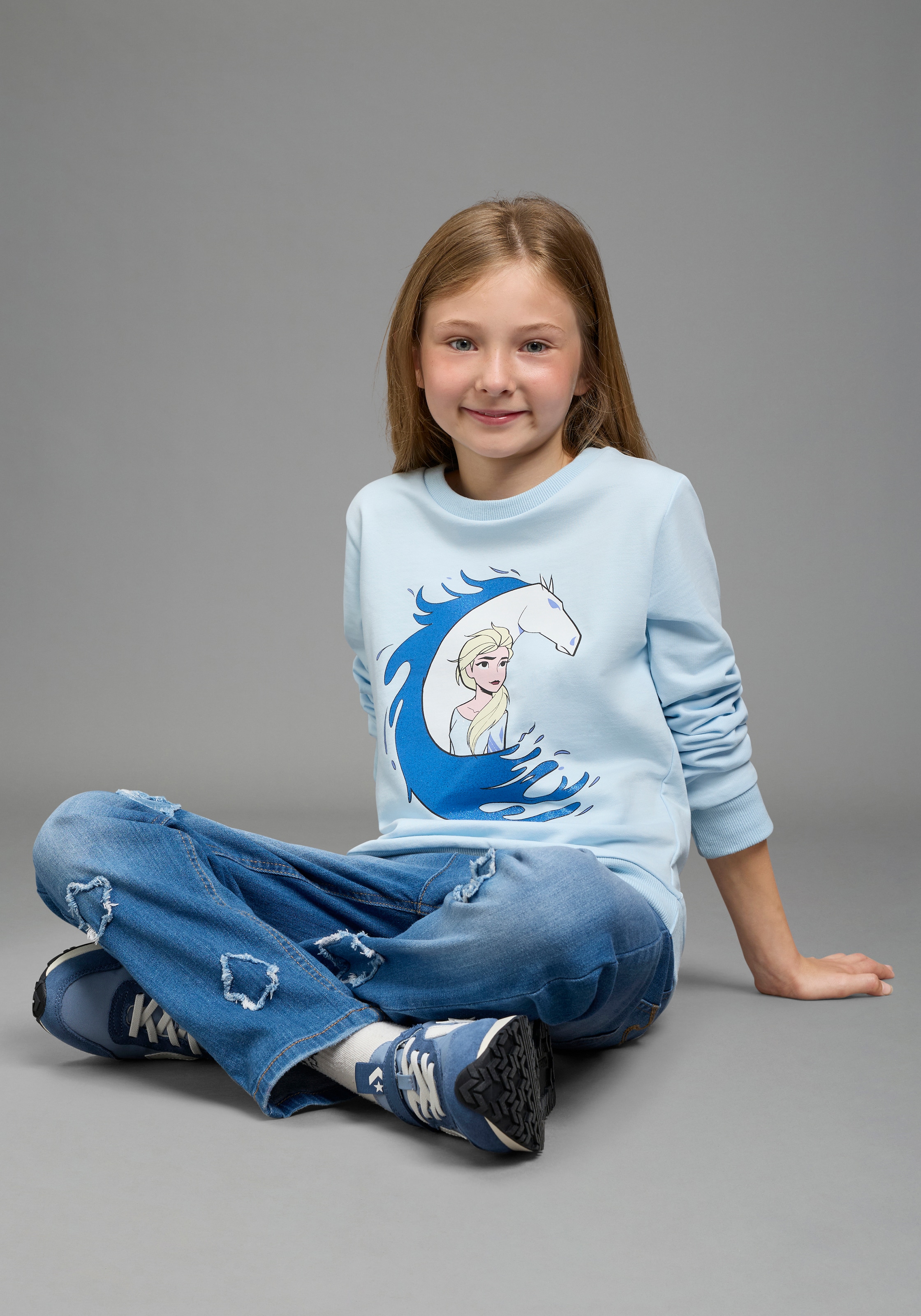 KIDSWORLD Sweatshirt »FROZEN Glitzerdruck Sweatshirt, Disney«, Disney-Shirt mit Rundhalsausschnitt, Langarm, hüftlange Basic-Passform

