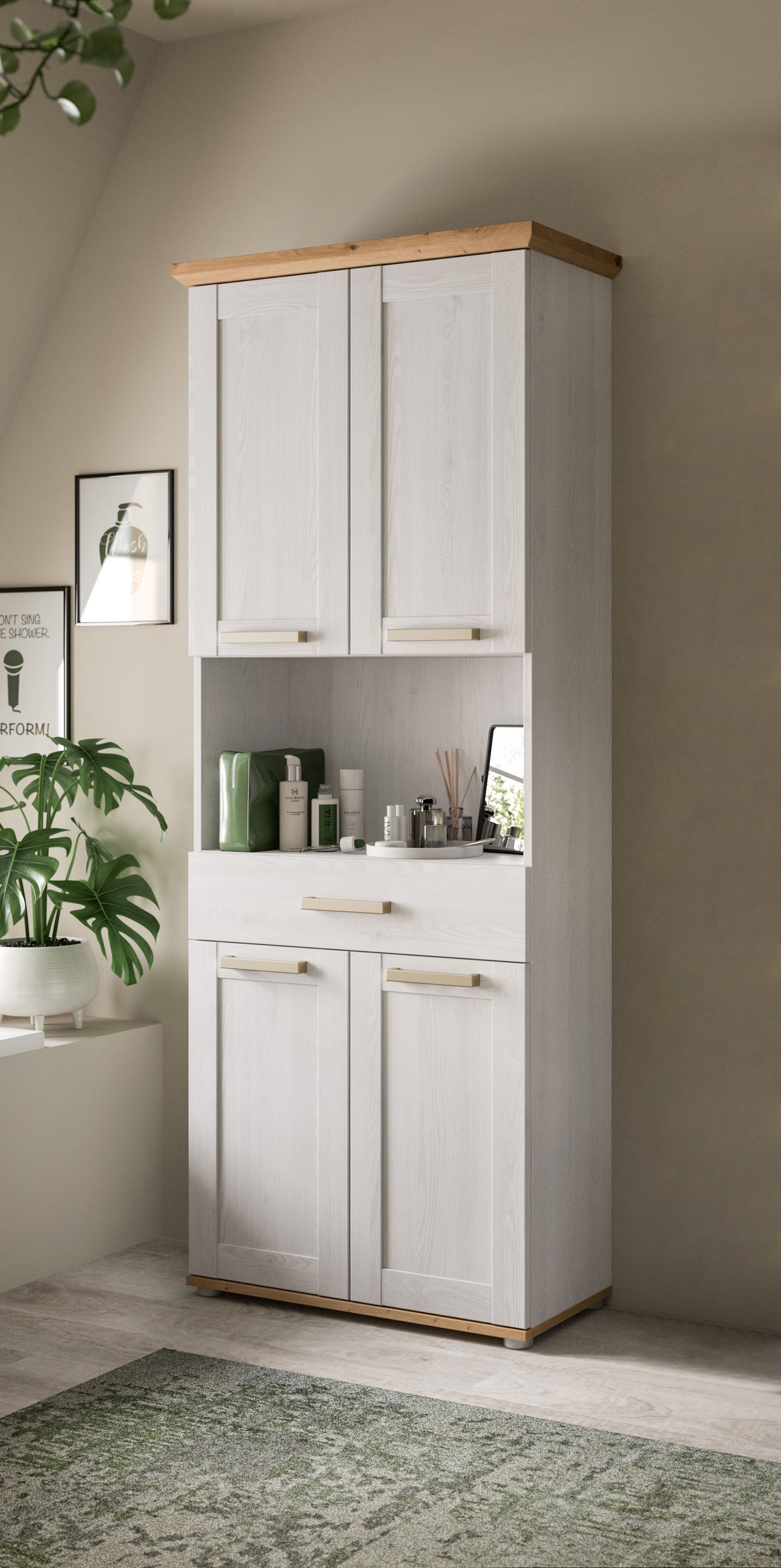 welltime Armoire haute »COSENZA, Höhe 187cm, 4 Türen, 1 Schubkasten, 1 offenes Fach« in Landhausoptik, mit weiteren Artikel der Serie kombinierbar, 1 cuis tlg. Hochschrank, Bad, Badezimmerschrank