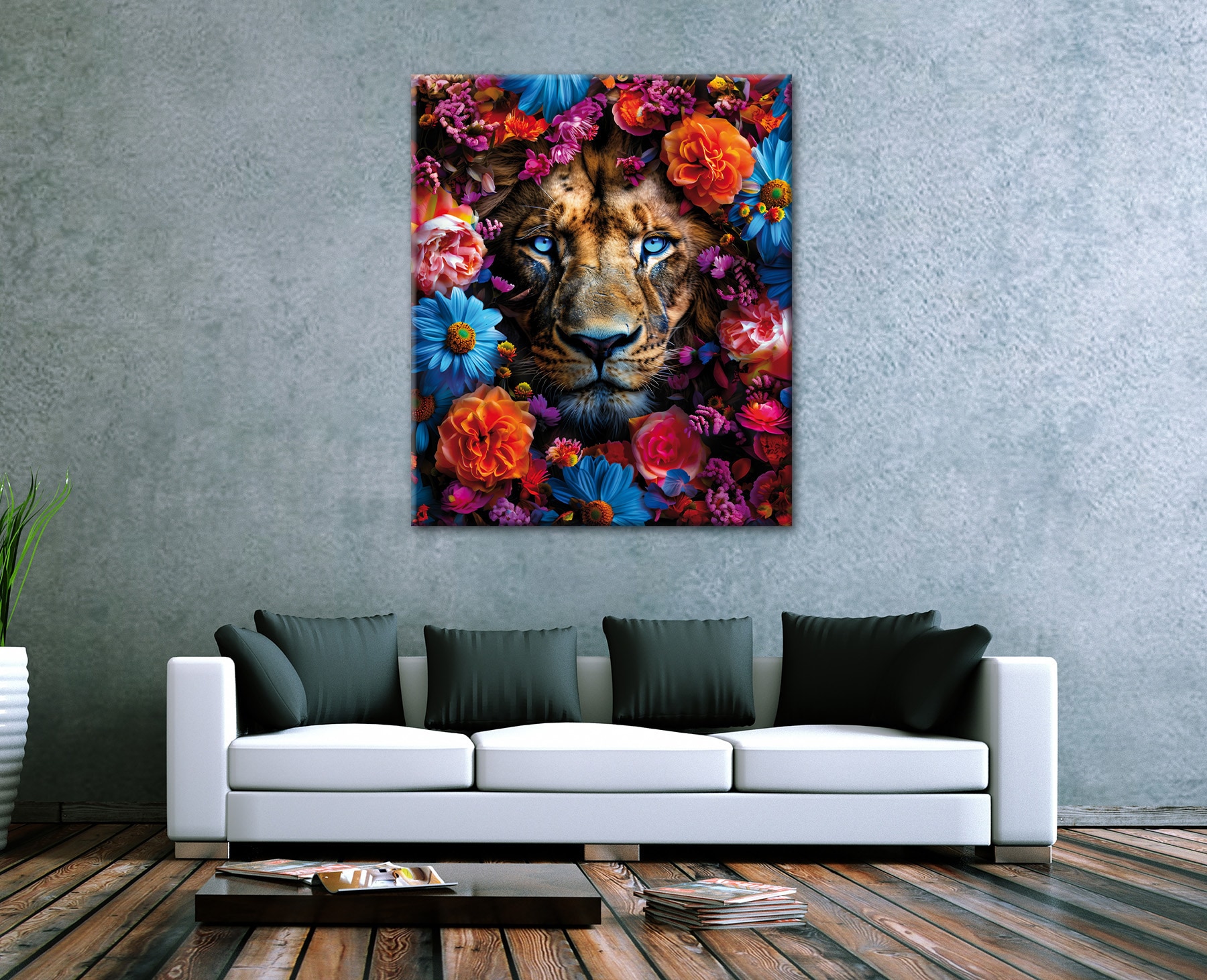 Bönninghoff Tableau sur toile »Wandbild LÖWE BLUMENKRANZ XXL 118x140 cm – Leinwandbild Keilrahmen« Animaux | Art | Fleurs | Félins | Images de fleurs | Images de plantes | Lion | Lions | Plantes 1 cuis tlg. tendu sur châssis