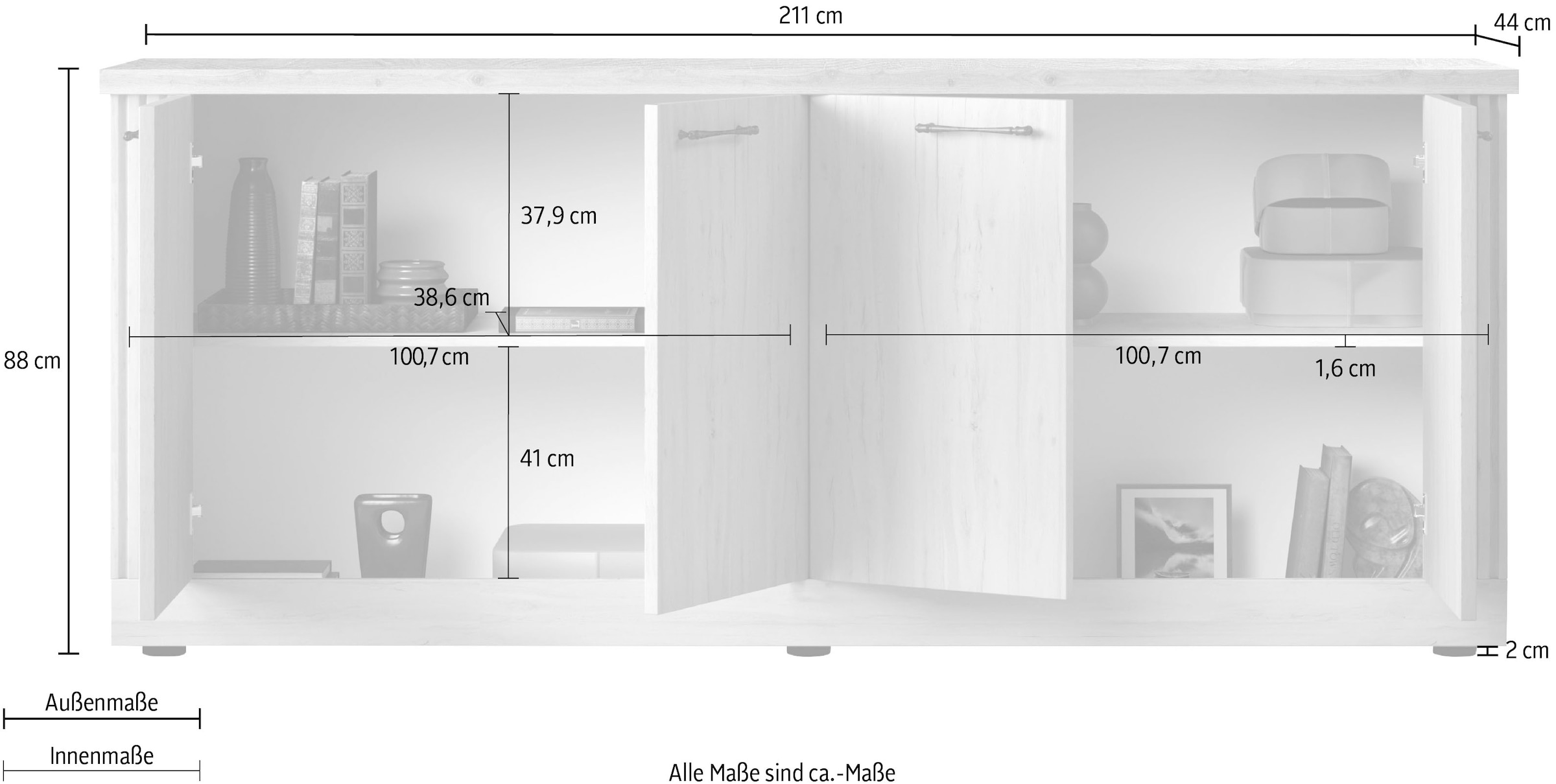 GOODproduct Sideboard »Country Breite 211 cm, Kommode mit 4 Türen, Anrichte im« Landhausstil, viel Stauraum, mit Metallgriffe, MDF Rahmen