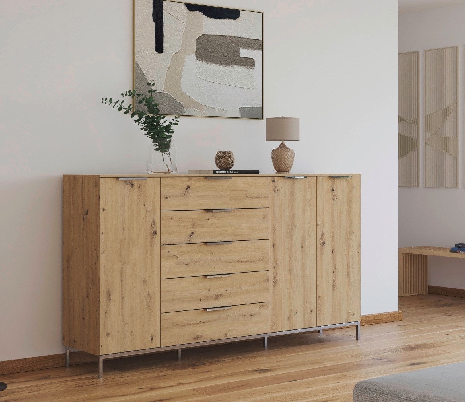 rauch Commode combinée »Kommode Türkommode Sideboard Kombikommode FLIPP« Largeur 200 cm avec 4 étagères,  3 portes avec 5 tiroirs et fonction soft-close