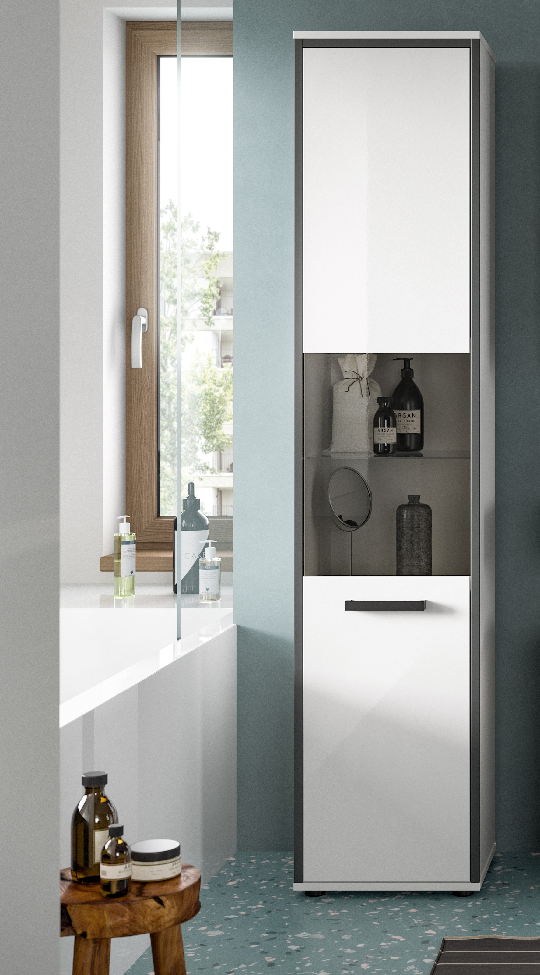 welltime Armoire haute »KAJO, hochglanz Front, Glastür, 1 Glas Einlegeboden, 6 Fächer« 1 cuis tlg. Badschrank, Hochschrank, Bad, Badezimmer