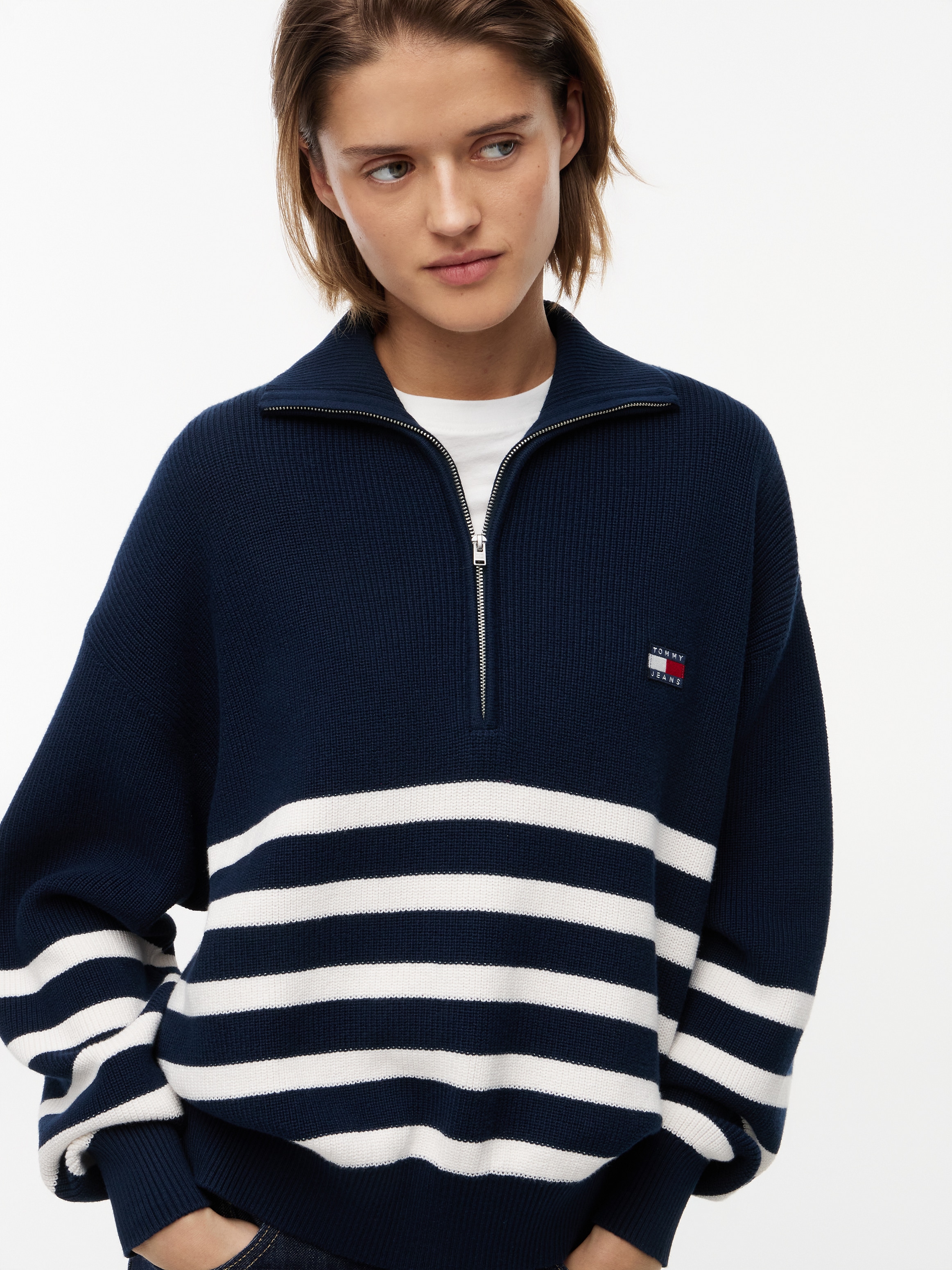 Tommy Jeans Troyer »TJW STRIPE QUARTER ZIP SWEATER« Baumwolle, mit Zipper, Streifen Design