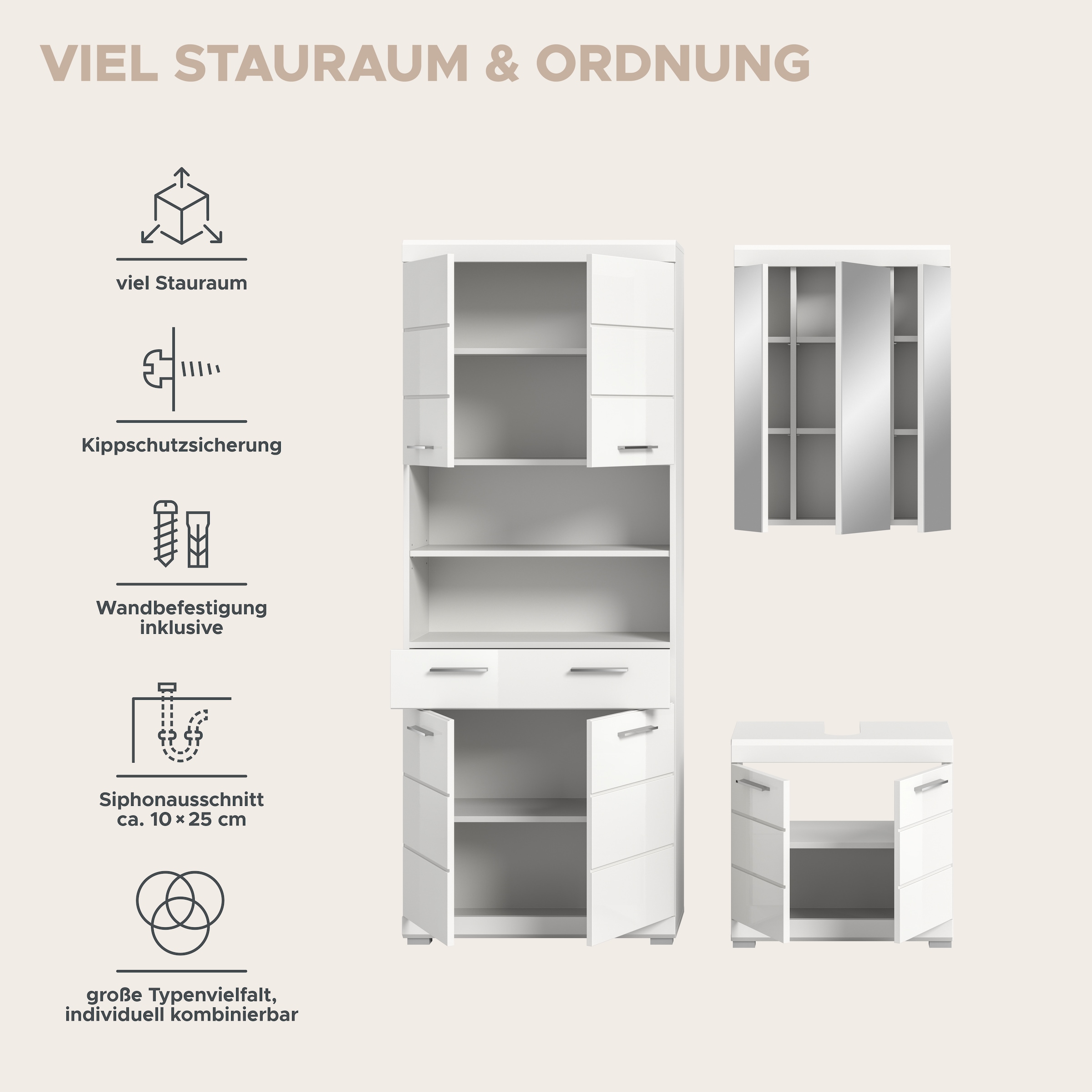 INOSIGN Badmöbel-Set »SIENA, TOPSELLER!, Breite 149cm, 3-teiliges Set« Set, bestehend aus: Hochschrank, Waschbeckenunterschrank & Spiegelschrank, 3 Stk. tlg.