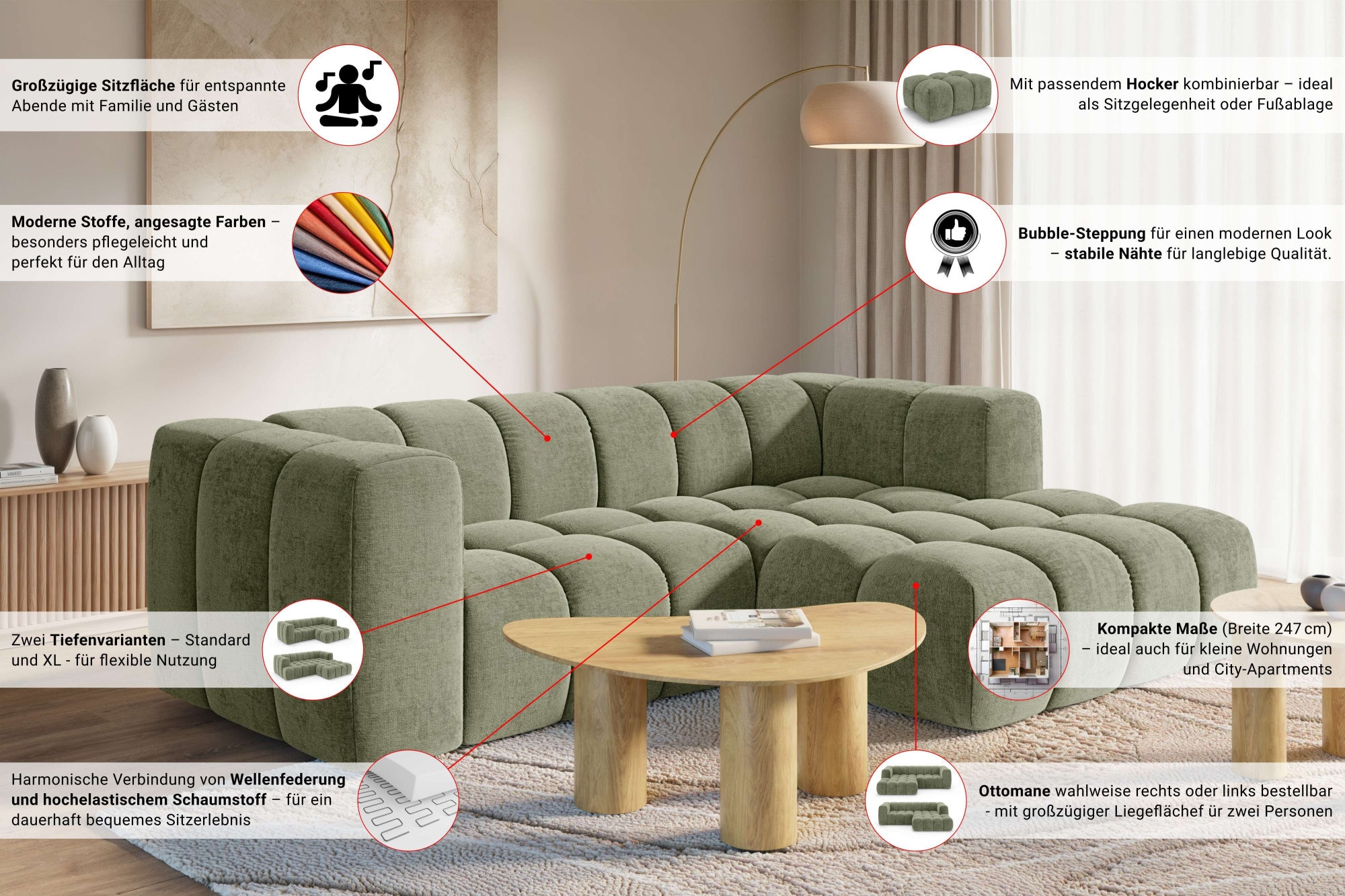 homsy by Ana Johnson Canapé d'angle »»L« BOUBELLE L-Form, Design-Sofa, Bubble-Optik, Breite 247 cm« hoher Sitzkomfort dank Wellenunterfederung, L Sitztiefe 63 cm