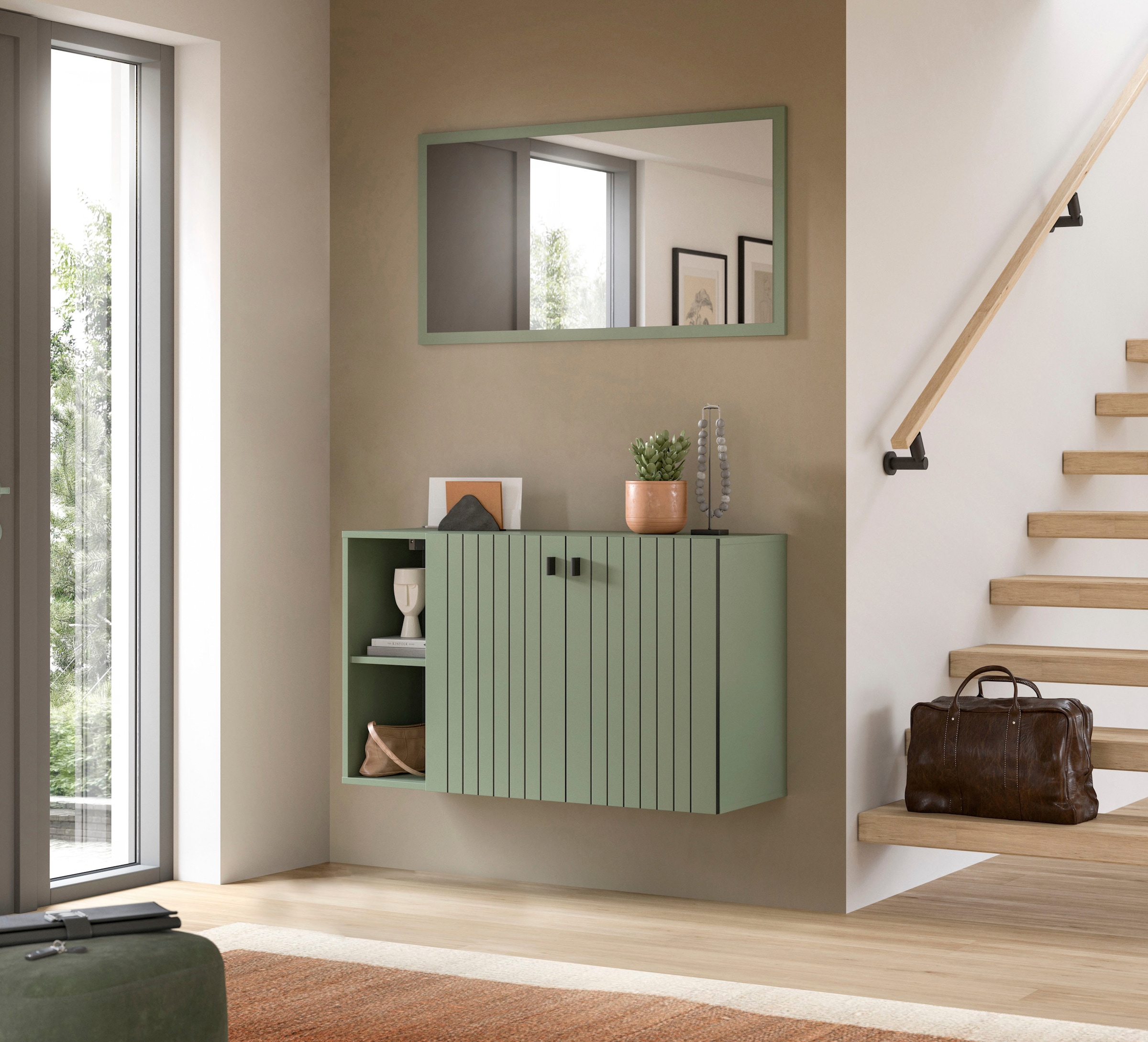 Home affaire Schuhschrank »TATIO, Breite 106 cm, hängend, Rillenopik, offene Fächer« 1 Stk. tlg. Schuhschrank, Schuhkommode, Flurkommode, Kommode, Hängeschrank