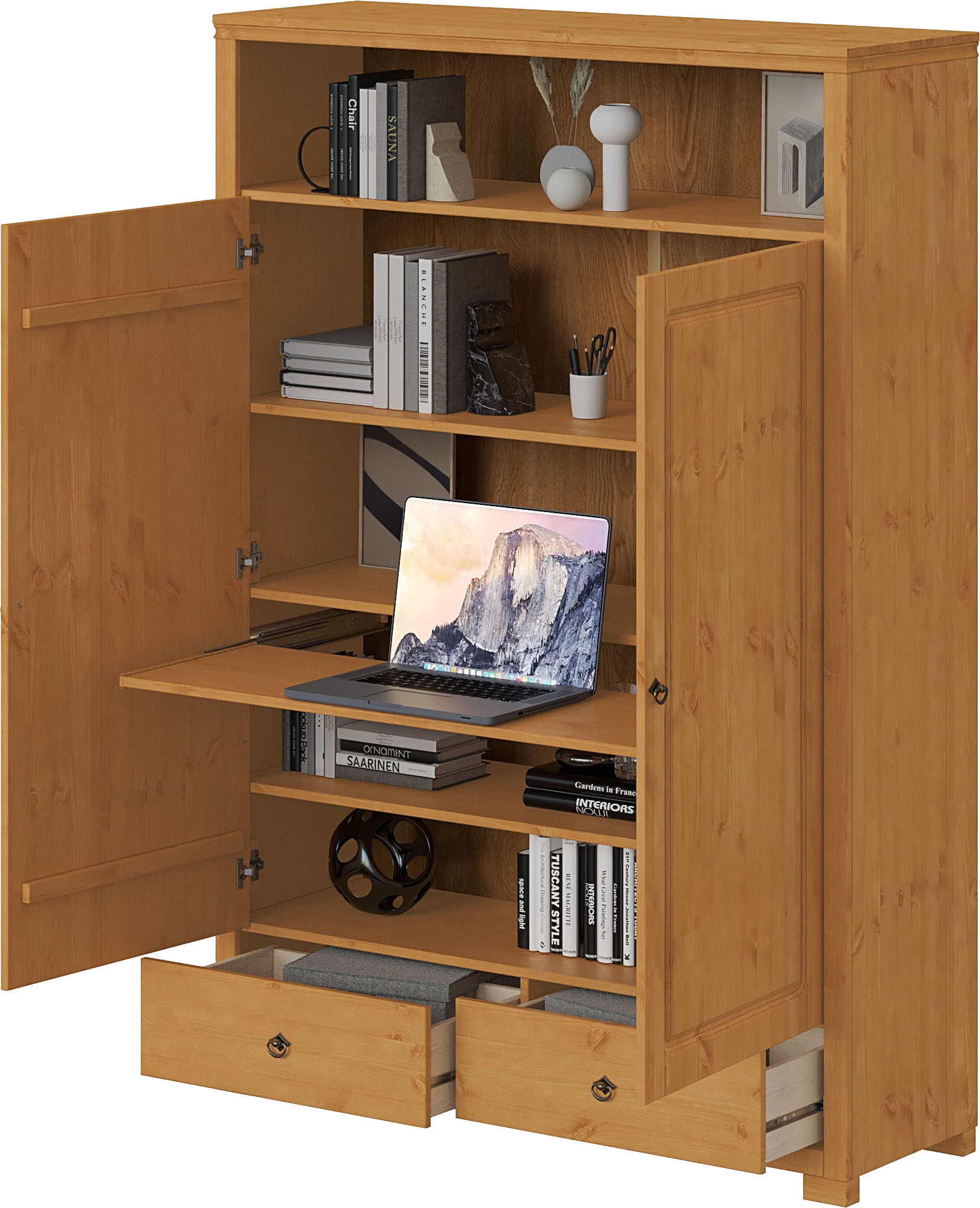 GOODproduct Wäscheschrank »Gotland! Home Office Schrank, Mehrzweckschrank, Büroschrank« H/B/T ca. 180/125/40cm,  mit Ausziehregal, Schublade, stabil + langlebig, Massivholz made in EU