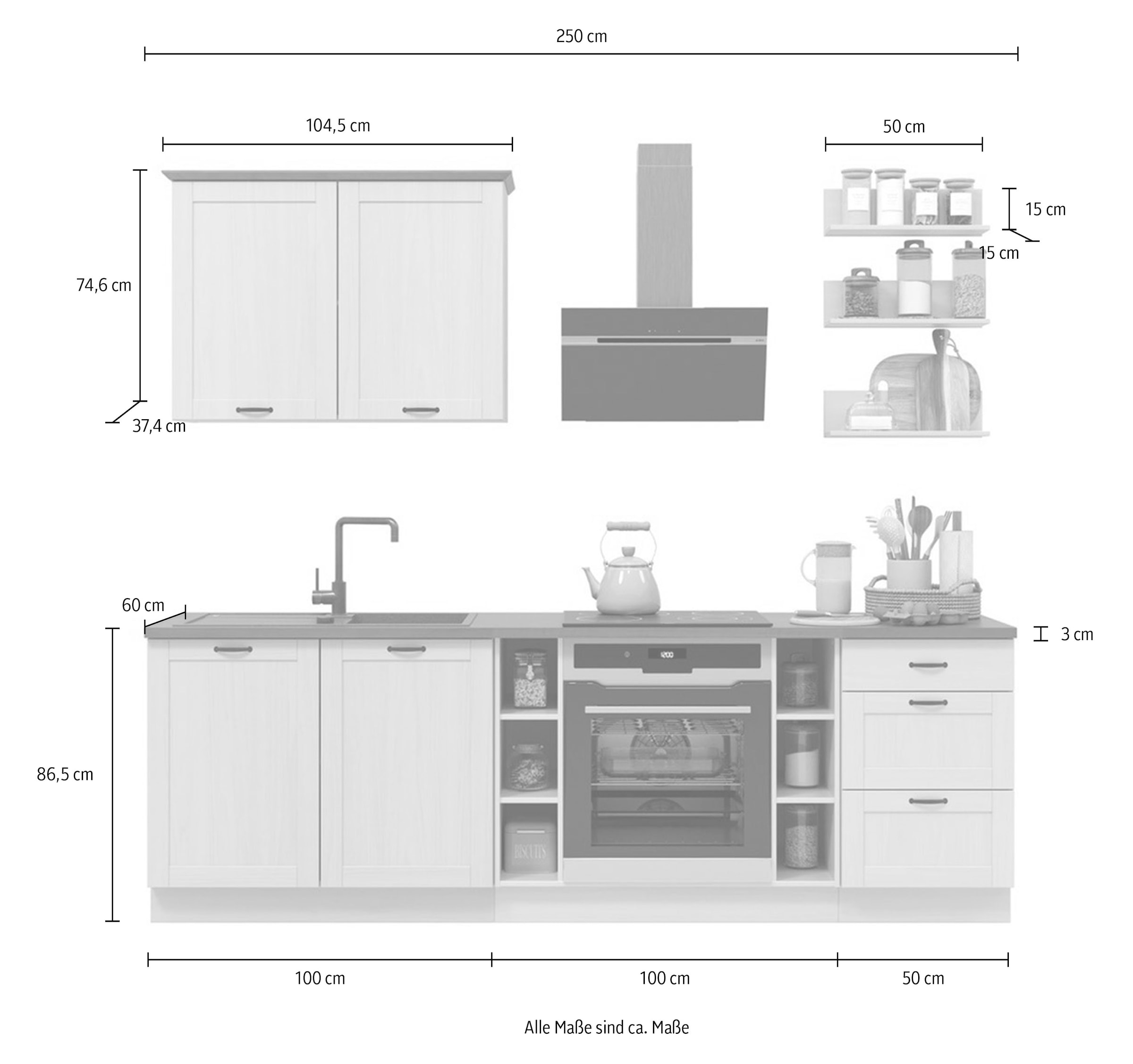Home affaire Kitchenette »Teramo« Set, Kombinierbar mit anderen Möbelstücken der Serie Teramo,  Breite 250 cm, Kiefer massiv, mit Arbeitsplatte