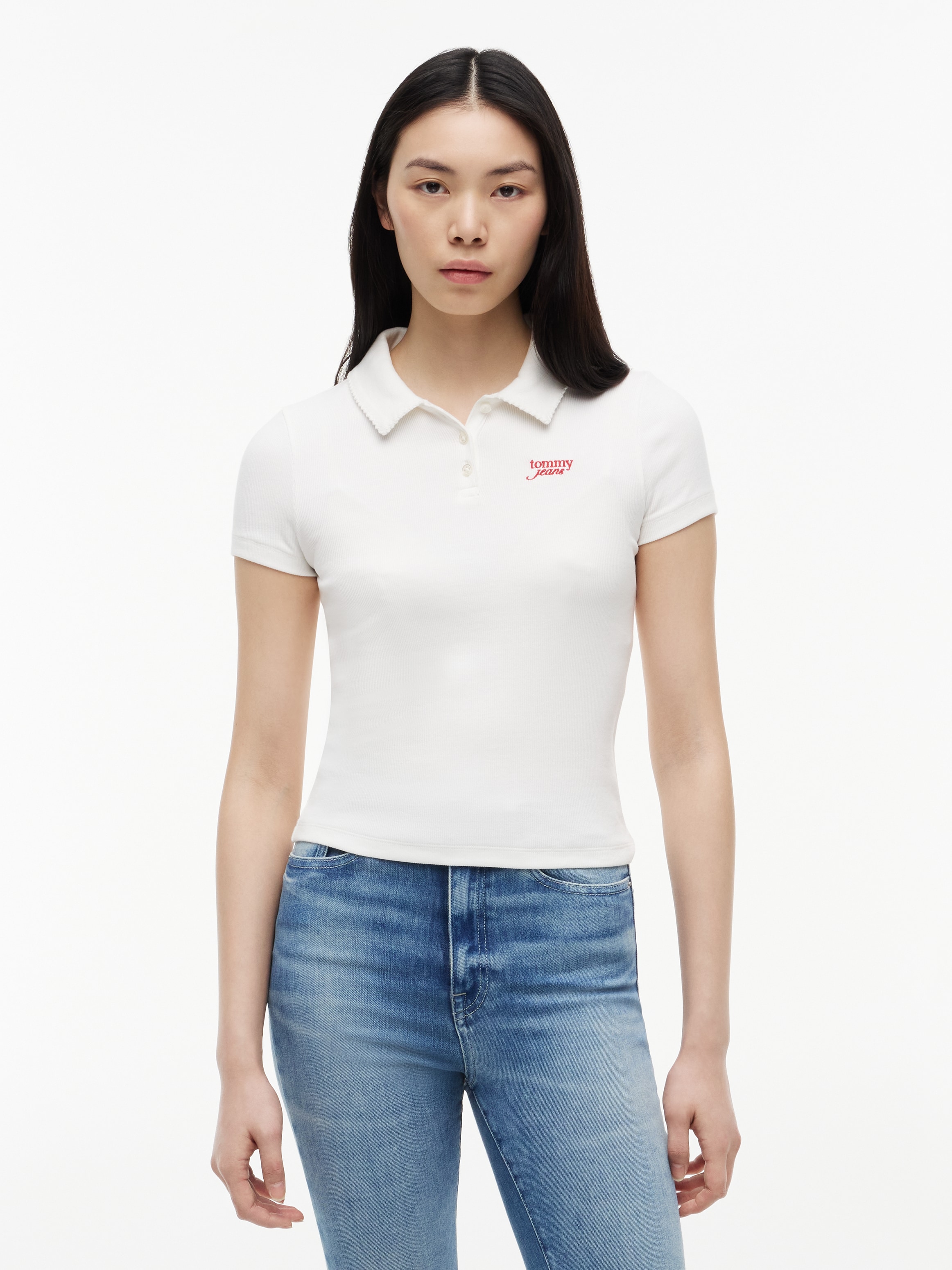 Tommy Jeans Polo »TJW SLIM RIB SCRIPT POLO« Mélange de coton, coupe slim, ajustée, en structure côtelée