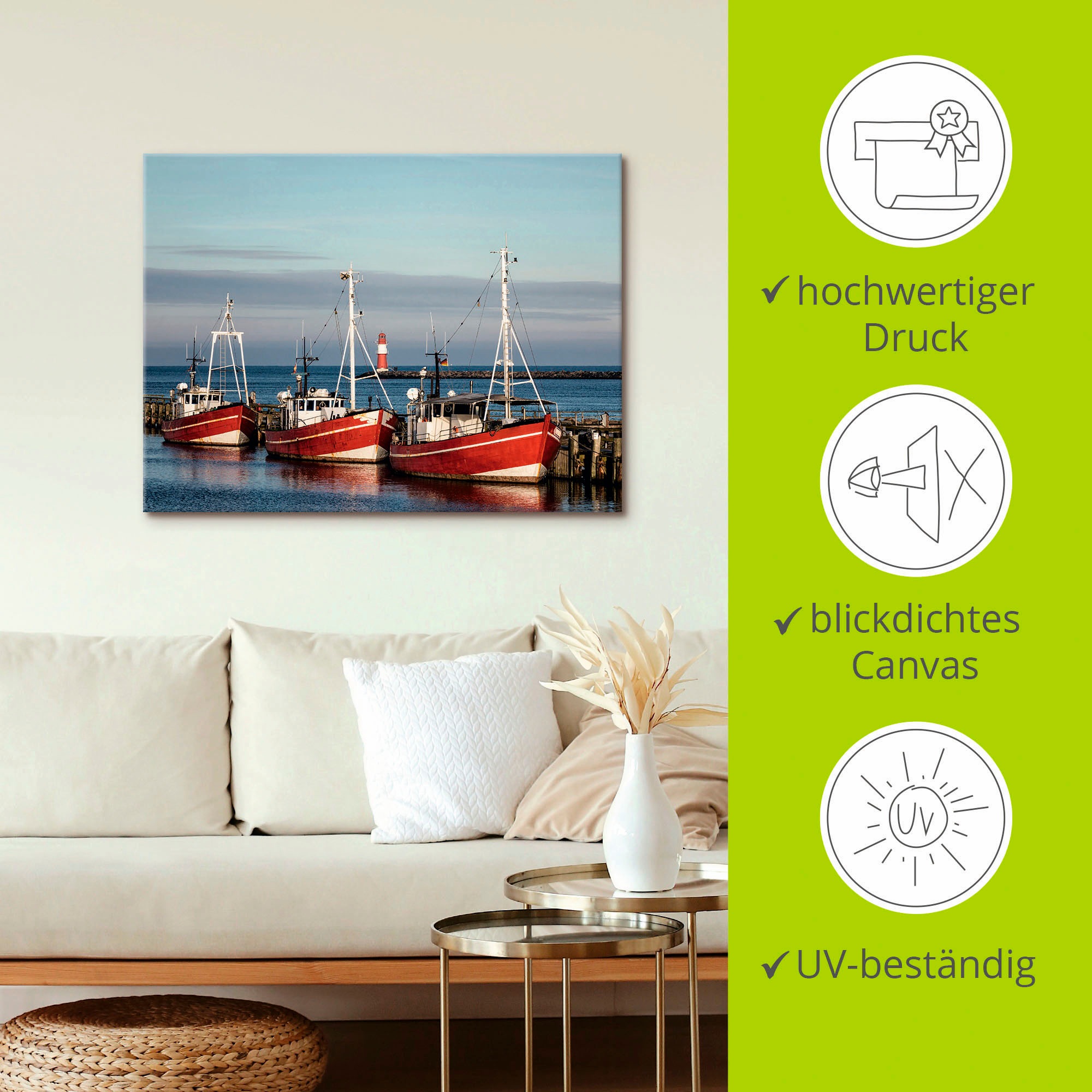 Artland Leinwandbild »Fischerboote und Mole in Warnemünde« Boote & Schiffe 1 Stk. tlg. auf Keilrahmen gespannt