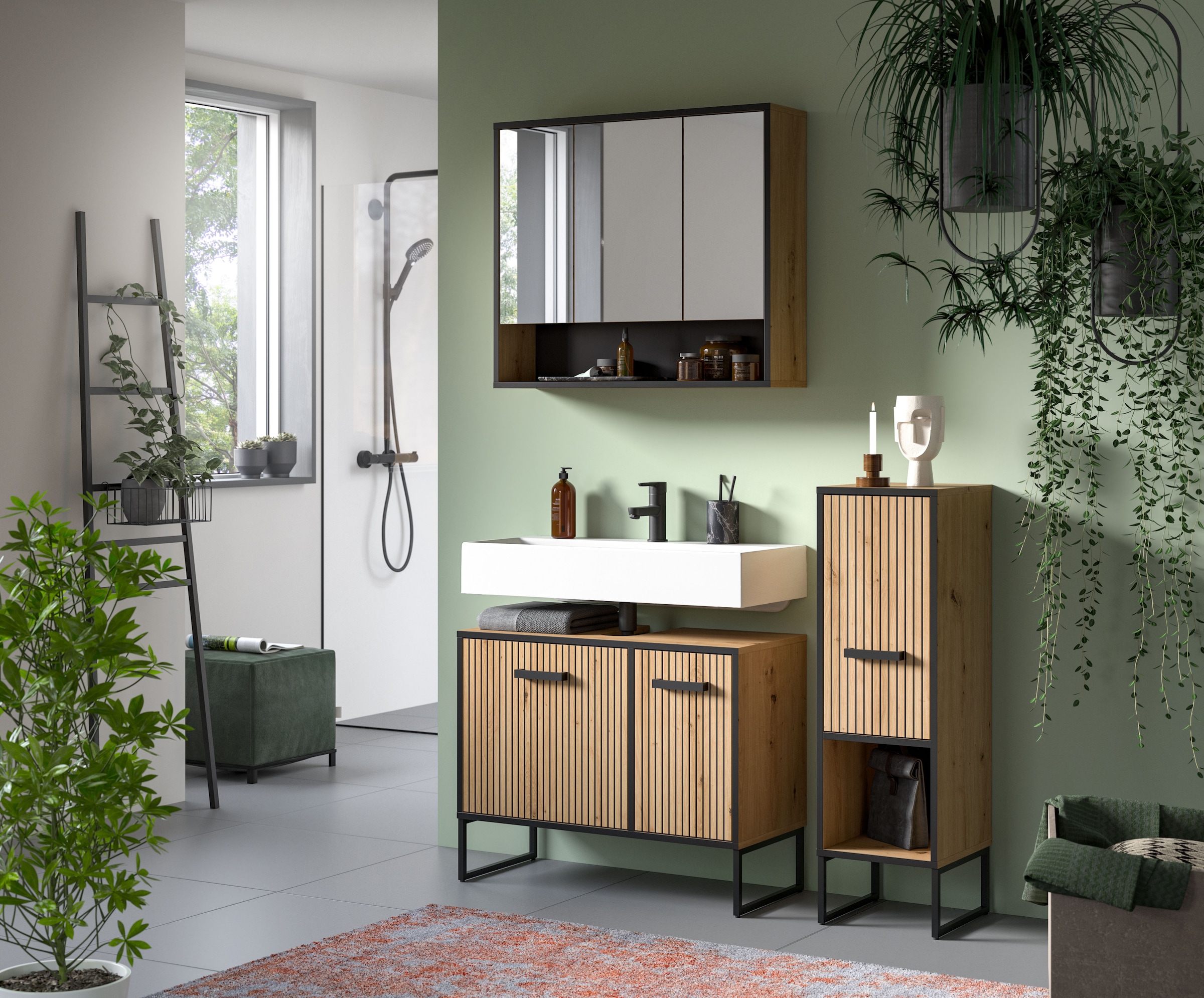 welltime Ensemble de meubles de salle de bain »LOCRI, 3-tlg. Badkombination, Breite 125 cm, Rillenoptik, Metallkufen« composé de : meuble sous lavabo, armoire miroir et armoire sur pied, 3 cuis tlg.