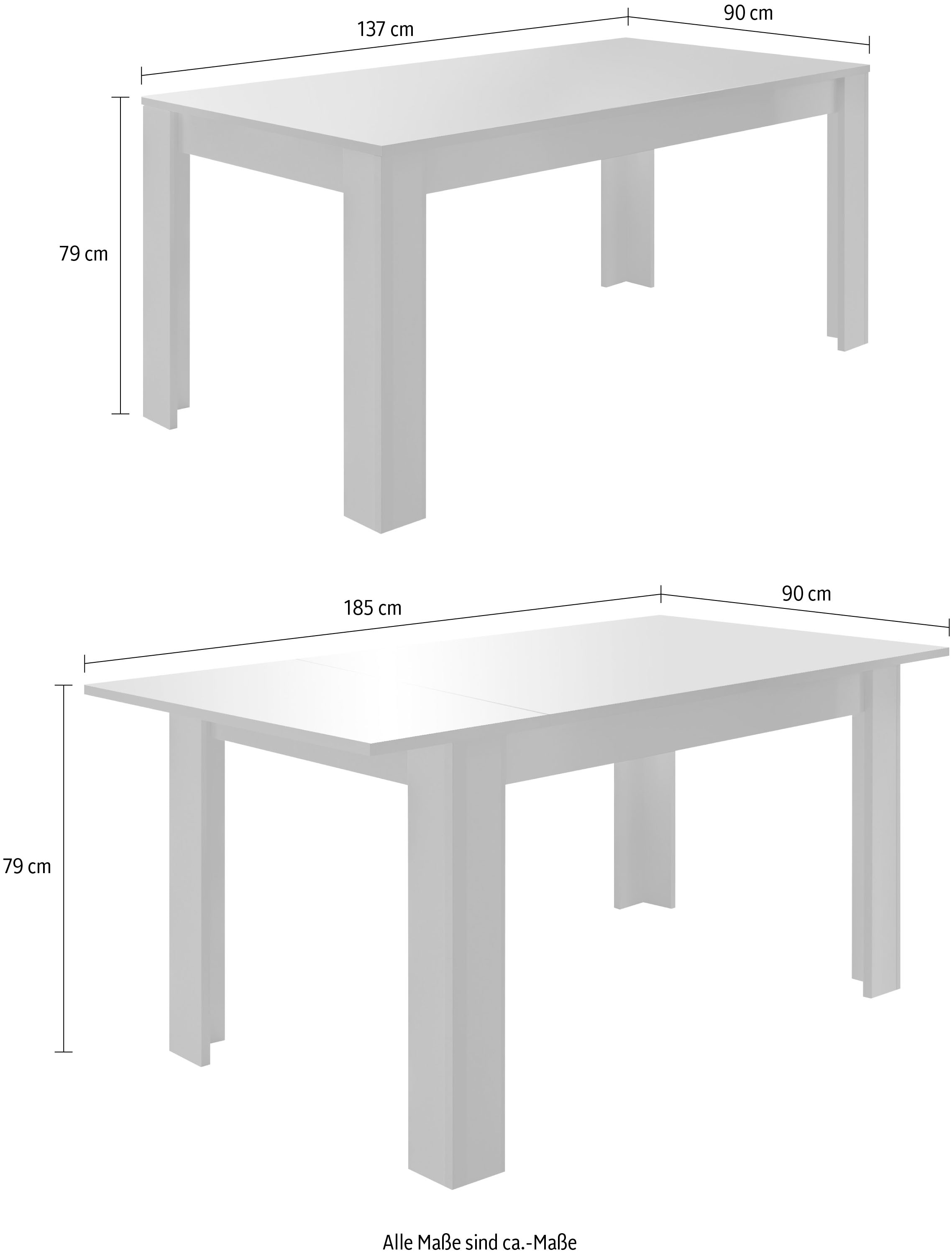 Home affaire Table de salle à manger »Dama 137x90x79 cm (BxTxH), Esszimmertisch Anthrazit Hochglanz Lack,« moderner rechteckiger Küchentisch, ausziehbar, erweiterbar auf 185 cm