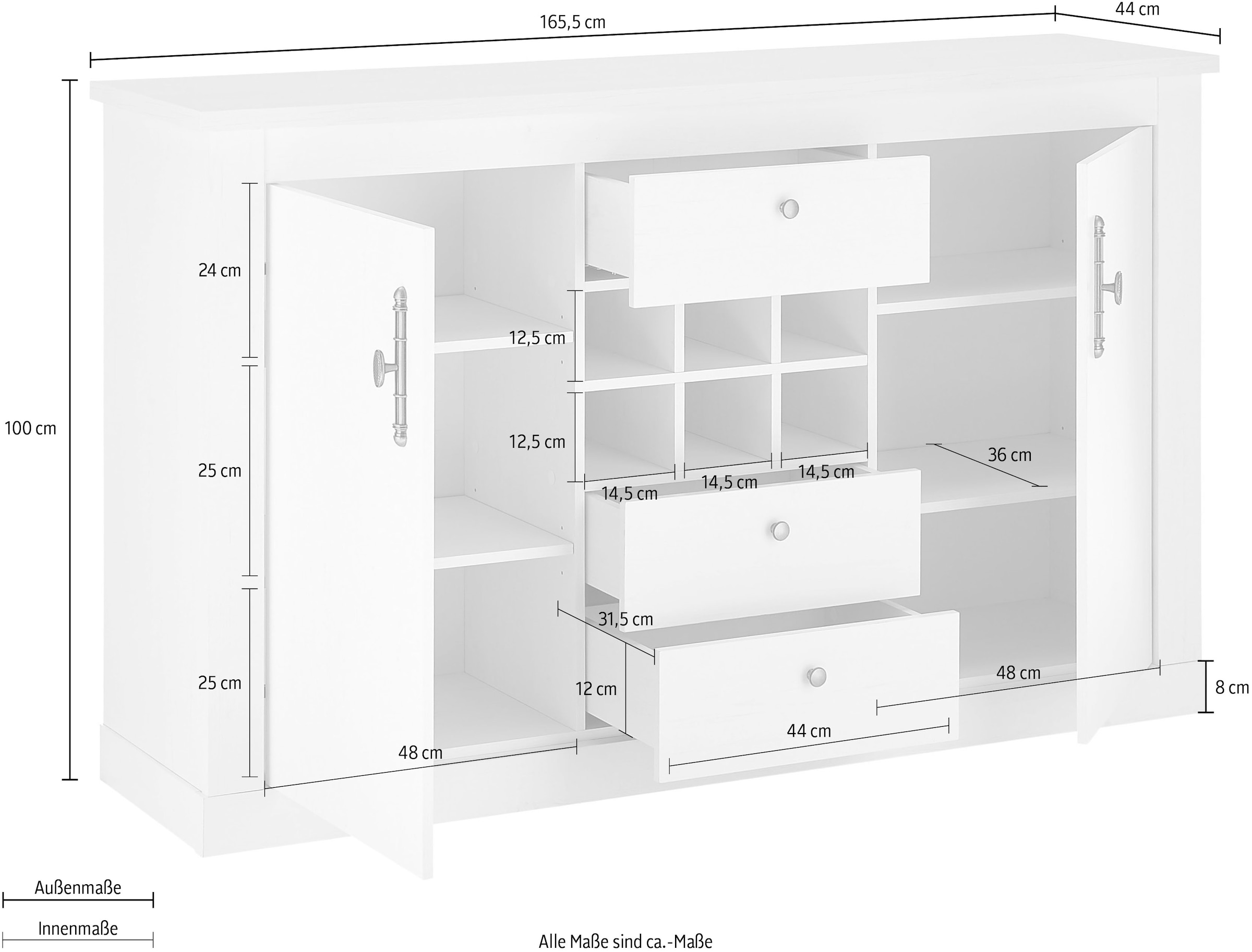 Home affaire Sideboard »RAVENNA« im romantischen Landhausstil, Griffe aus Metall, Breite 166 cm
