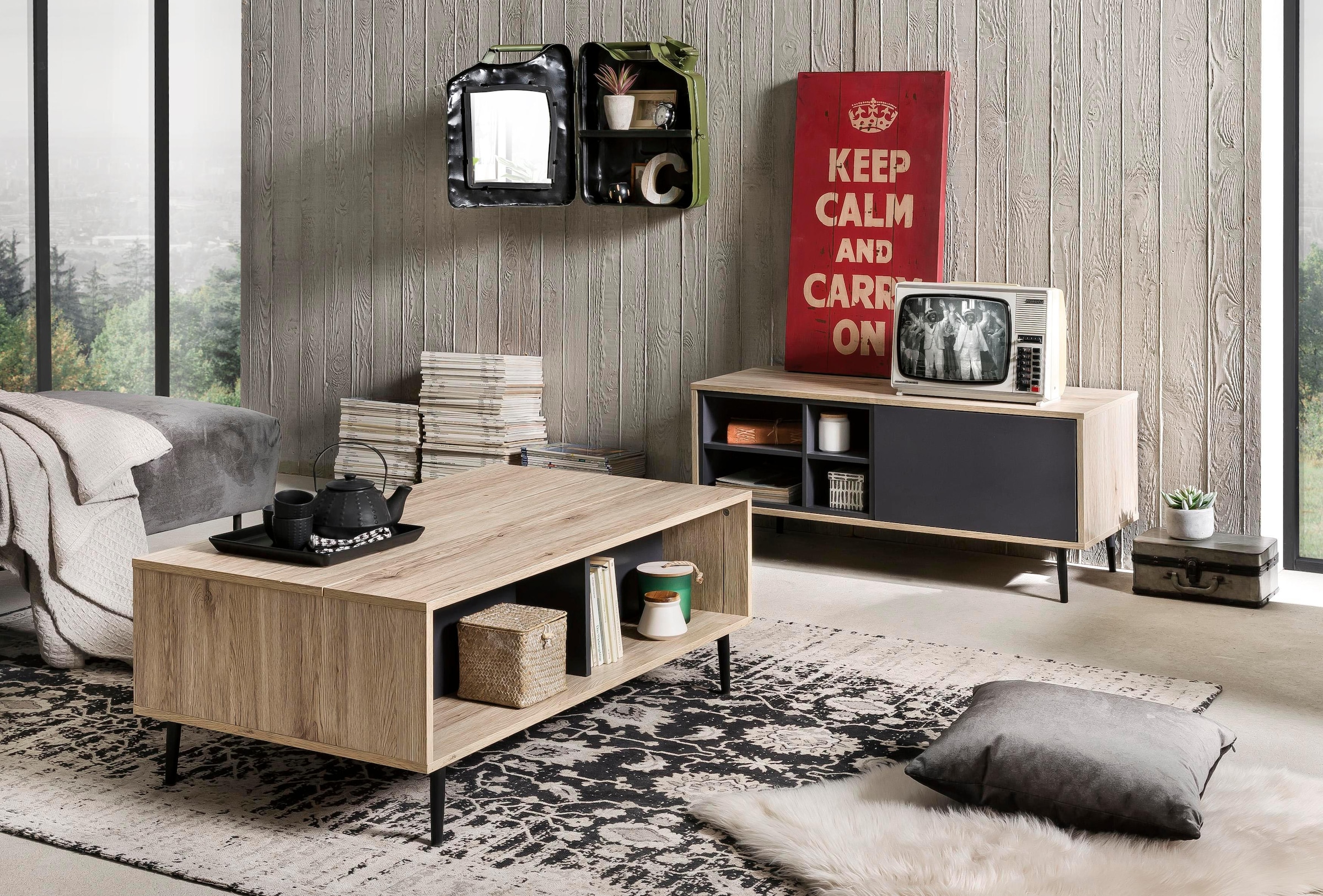 SIT Table basse »Mértola im Scandi-Stil mit 2 offenen Fächern und Ausziehplatte« Plateau réglable en hauteur avec surface de rangement extensible
