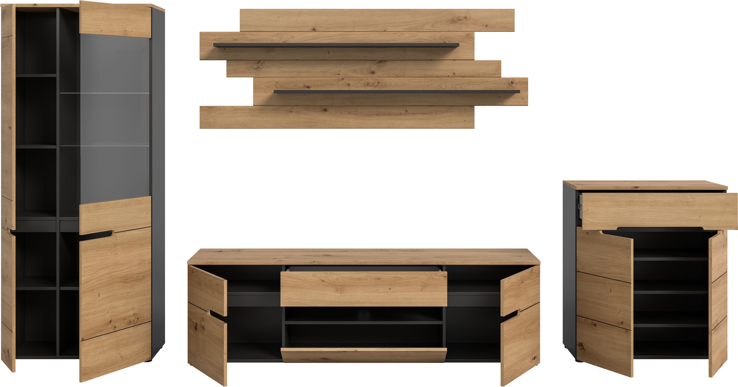 Home affaire Wohnwand »REHAT, TOPSELLER!, 4-teilig, Breite 375 cm, individuell stellbar« Set bestehend aus: Vitrine, Lowboard, Wandboard und Kommode, 4 Stk. tlg.