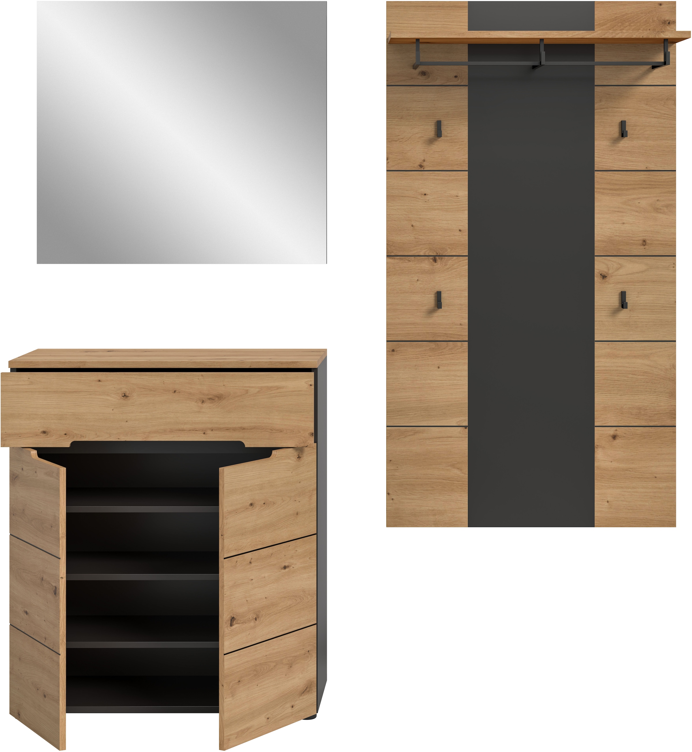 Home affaire Garderoben-Set »REHAT, TOPSELLER!, 3-teilig, Breite 175 cm, individuell erweiterbar« Set, bestehend aus: Kommode, Spiegel und Garderobenpaneel, 3 Stk. tlg.