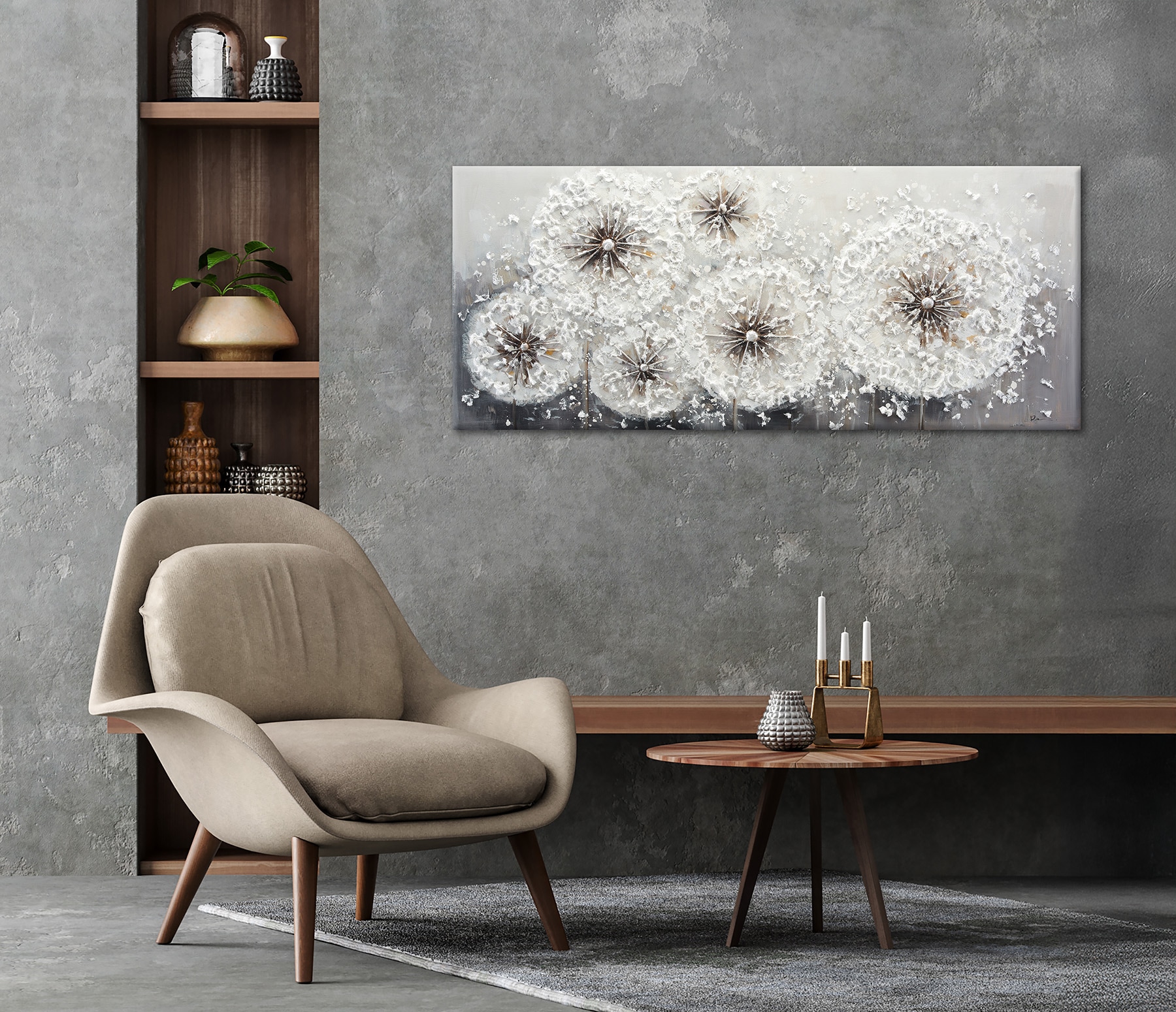 Bönninghoff Peinture à l'huile »handarbeit PUSTEBLUMEN XXL 60x140 cm – Wandbild Kunst Deko« Fleurs | Images de fleurs | Nature 1 cuis tlg. fabriqué à la main, chaque image est unique