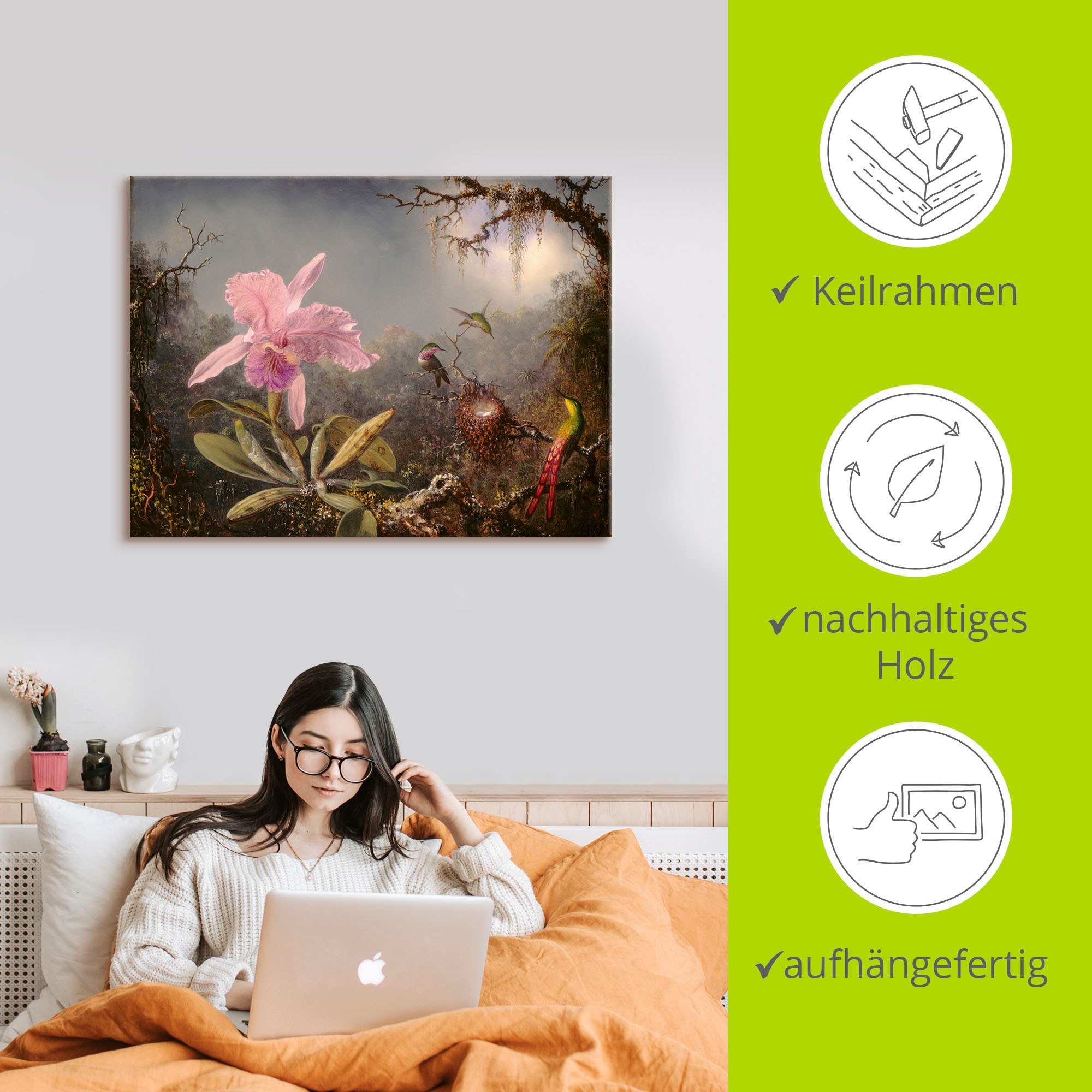 Artland Tableau sur toile »Cattleya Orchidee und drei Kolibris.« Images de fleurs 1 cuis tlg. tendu sur cadre en bois