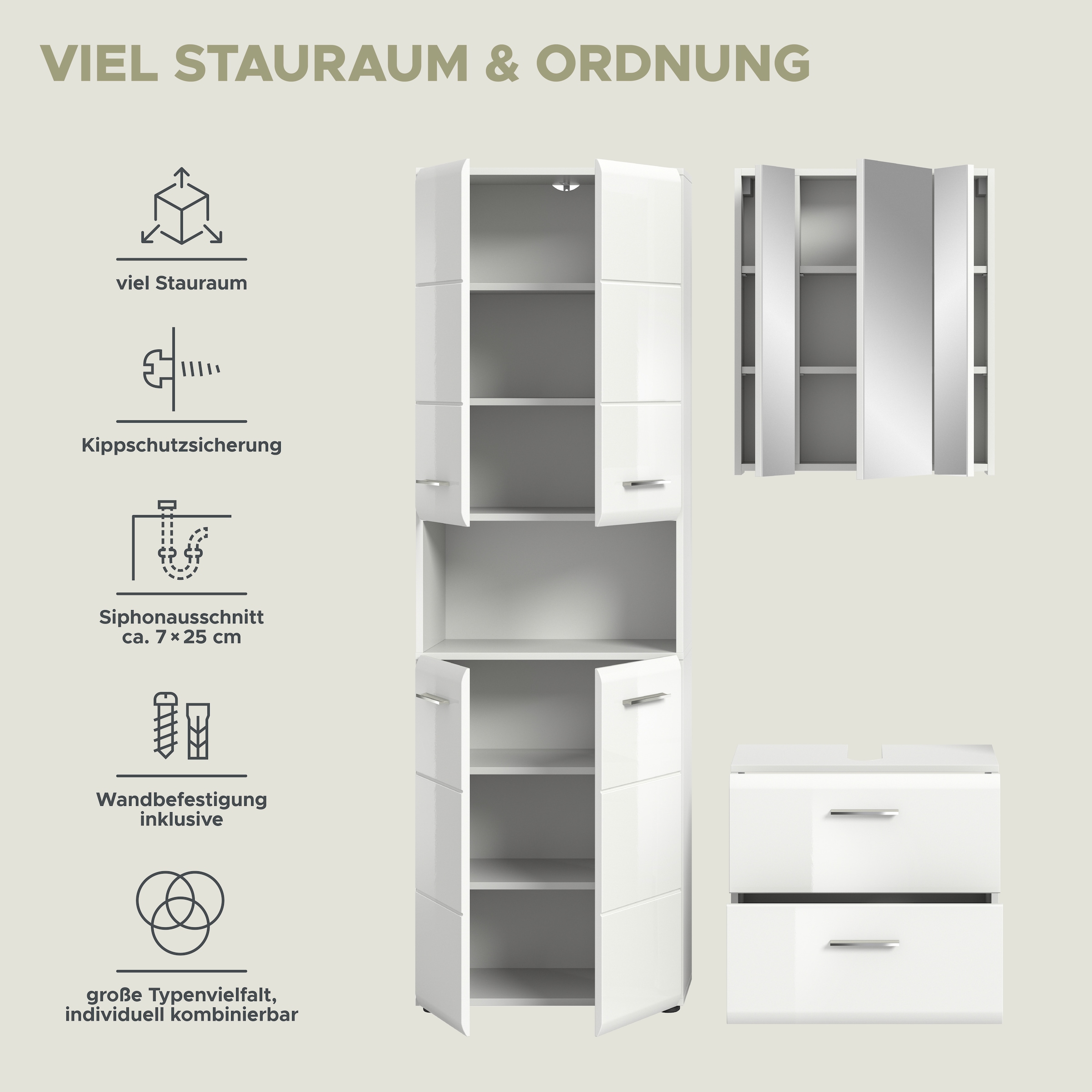 welltime Badmöbel-Set »FLORENZ,  3-teilige Badkombination, hochwertige MDF-Front« Set, best. aus: 1 Hochschrank, 1 Waschbeckenunterschrank, 1 Spiegelschrank, 