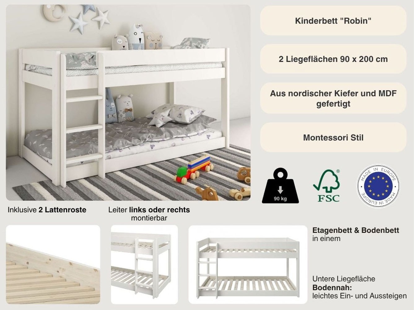 GOODproduct Lit d'enfant »ROBIN ,Bodenbett,Etagenbett,Leiter/Einstieg seitenverkehrt montierbar« 2 tailles,  Style Montessori, bois massif certifié