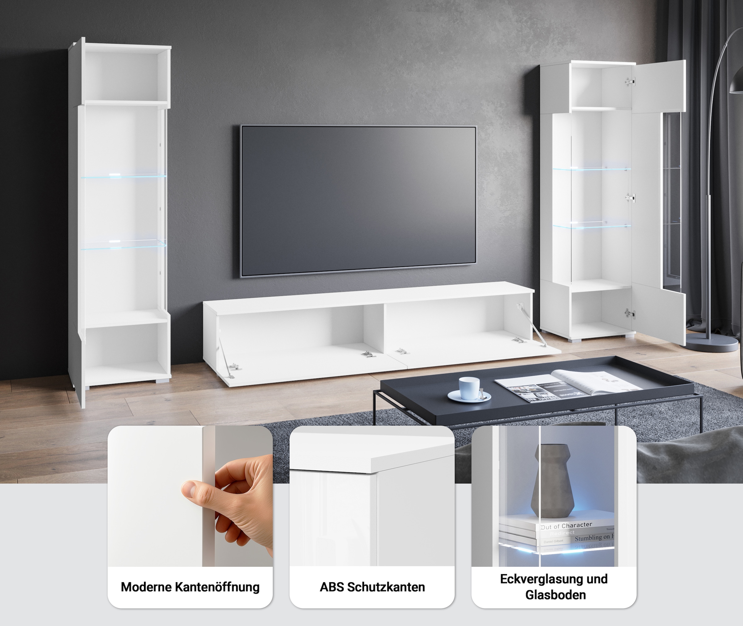 GOODproduct Wohnwand »Kenia, Vitrine Türanschlag links/rechts wechselbar« 3 Stk. tlg.