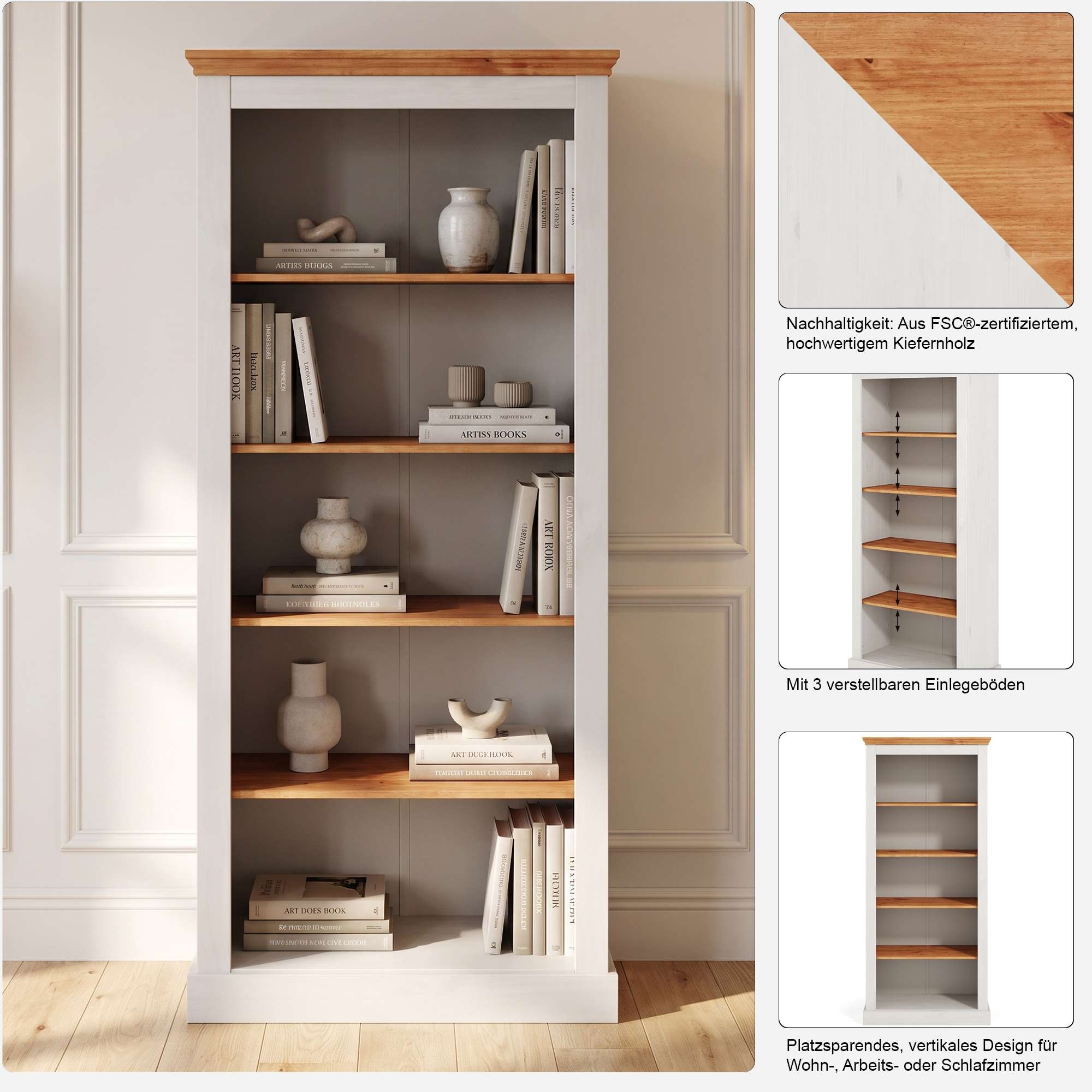 GOODproduct Étagère à livres »Selma, Standregal, Stauraumregal, aus massivem Kiefernholz. FSC®« mit 1 festen und 3 verstellbaren Einlegeböden, Breite 80cm, Höhe 180cm