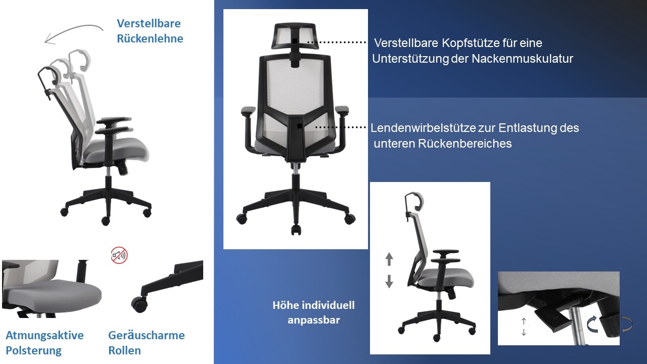 GOODproduct Fauteuil de direction »Netti, Schreibtischstuhl, hochwertige ergonomische Ausstattung« () Appuie-tête, accoudoirs et dossier réglables