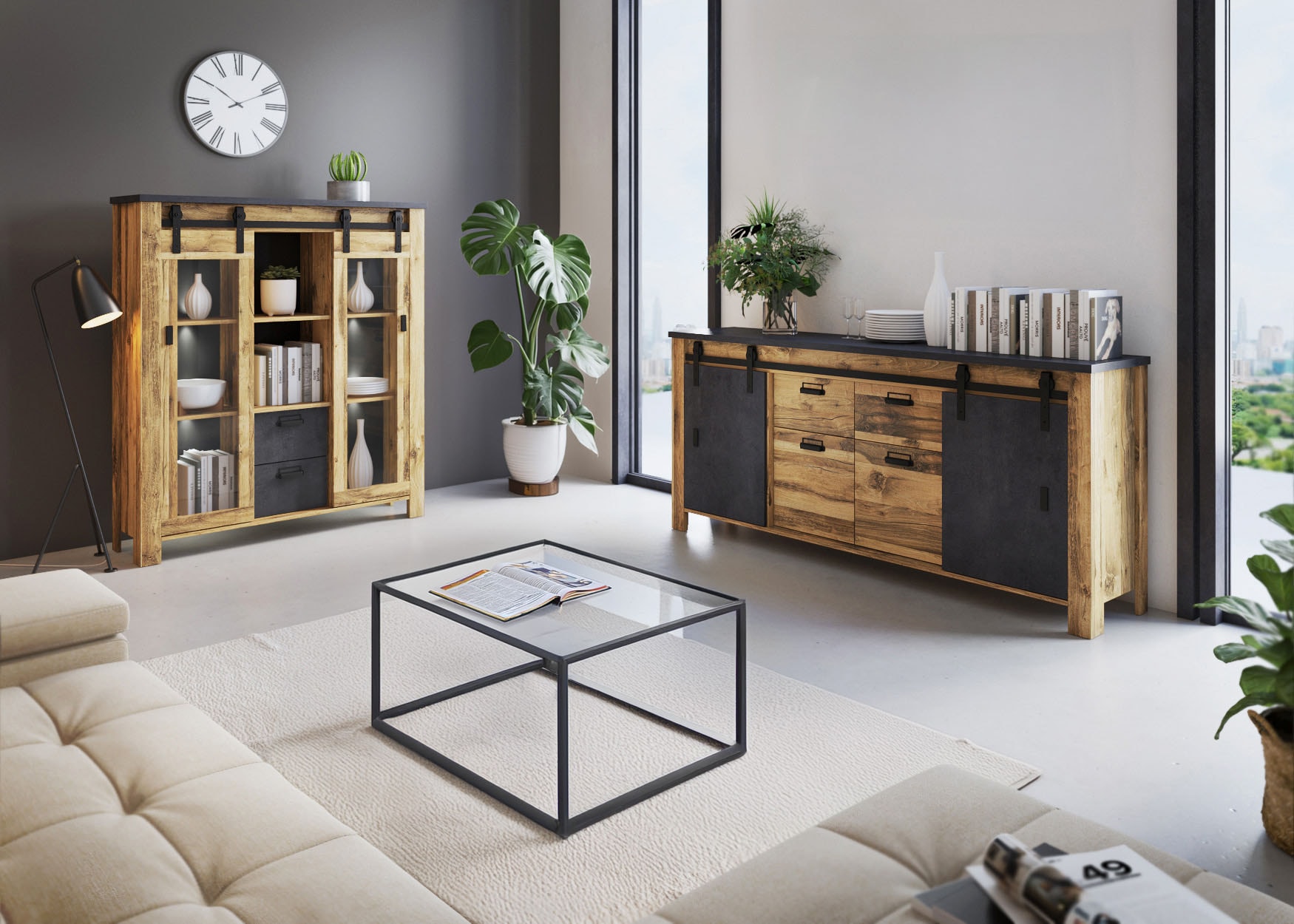 Home affaire Sideboard »York, moderner Schrank, Kommode in Hunton Oak Dekor, Industrialdesign« mit Scheunentorbeschlägen & Apothekergriffen aus Metall, 201 cm breit