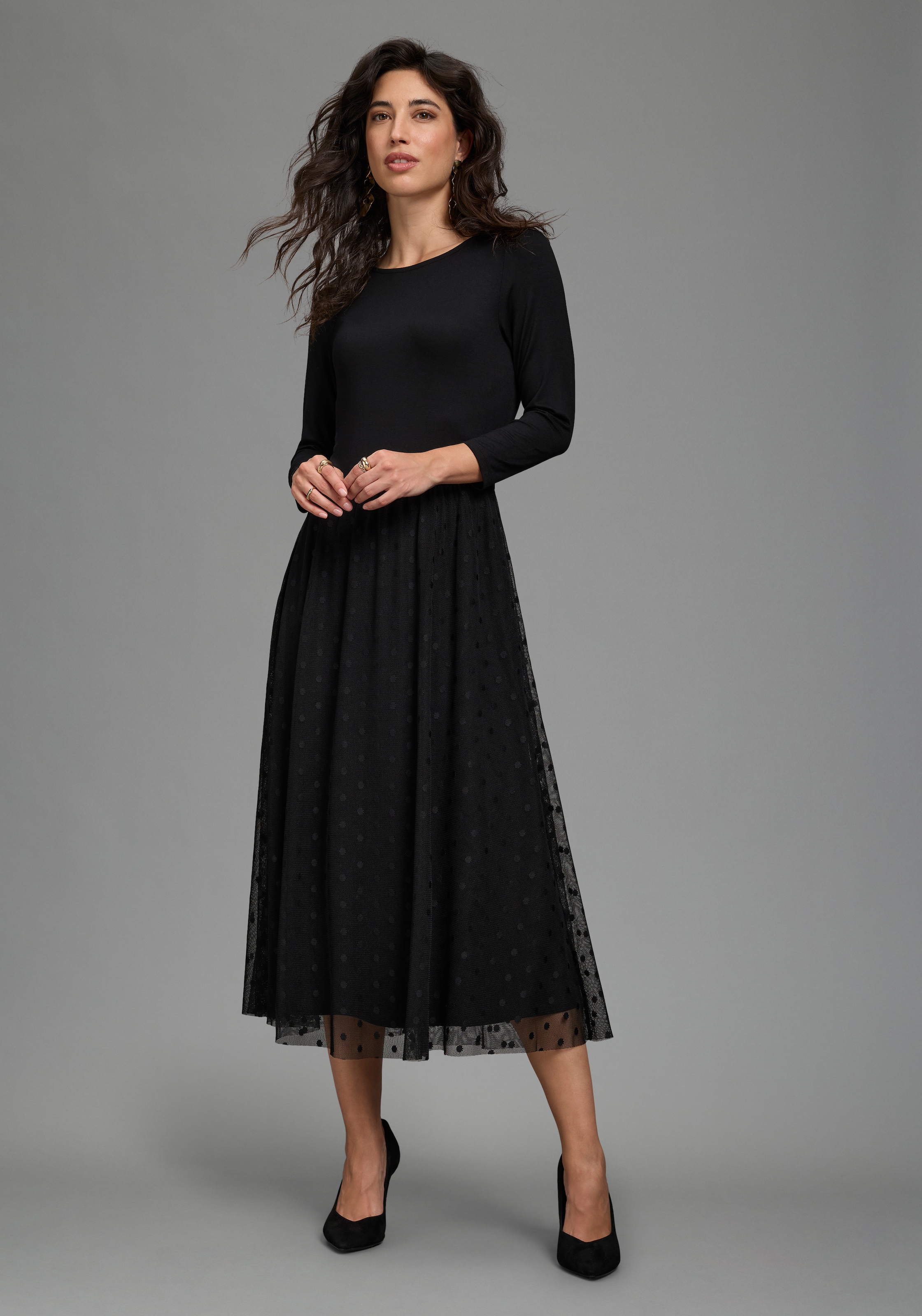 Laura Scott Robe de soirée »in Midilänge mit Meshrock in Punkte-Design« coupe ajustée, mélange de matériaux, tissu de chemise combiné avec du mesh