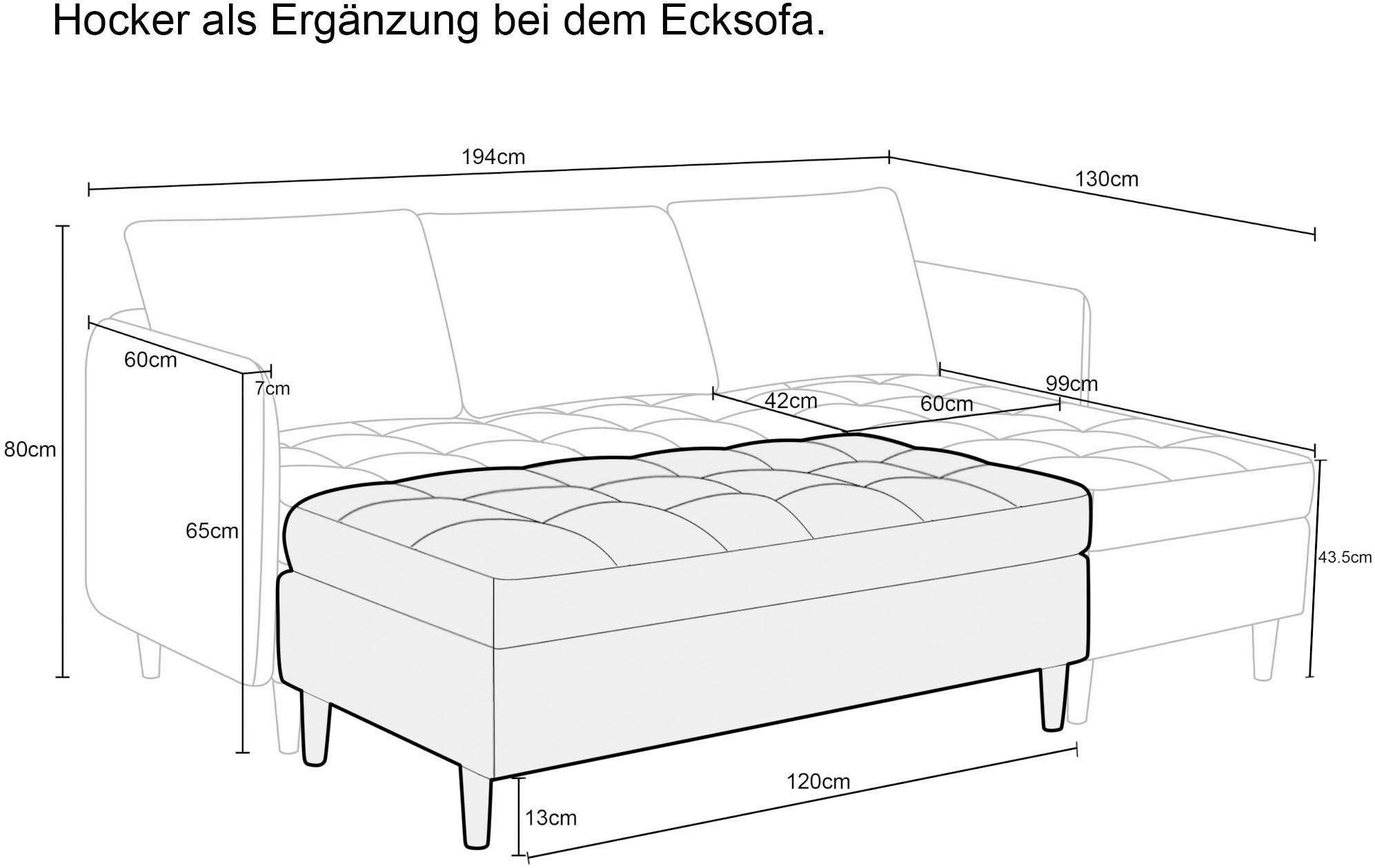 Dorel Home Canapé d'angle »LINDHUS, L-Form, Breite 194cm, verschiedene Stellvarianten, Modulsofa« Recamiere, Stauraum, Cord und Chenille-Bezug