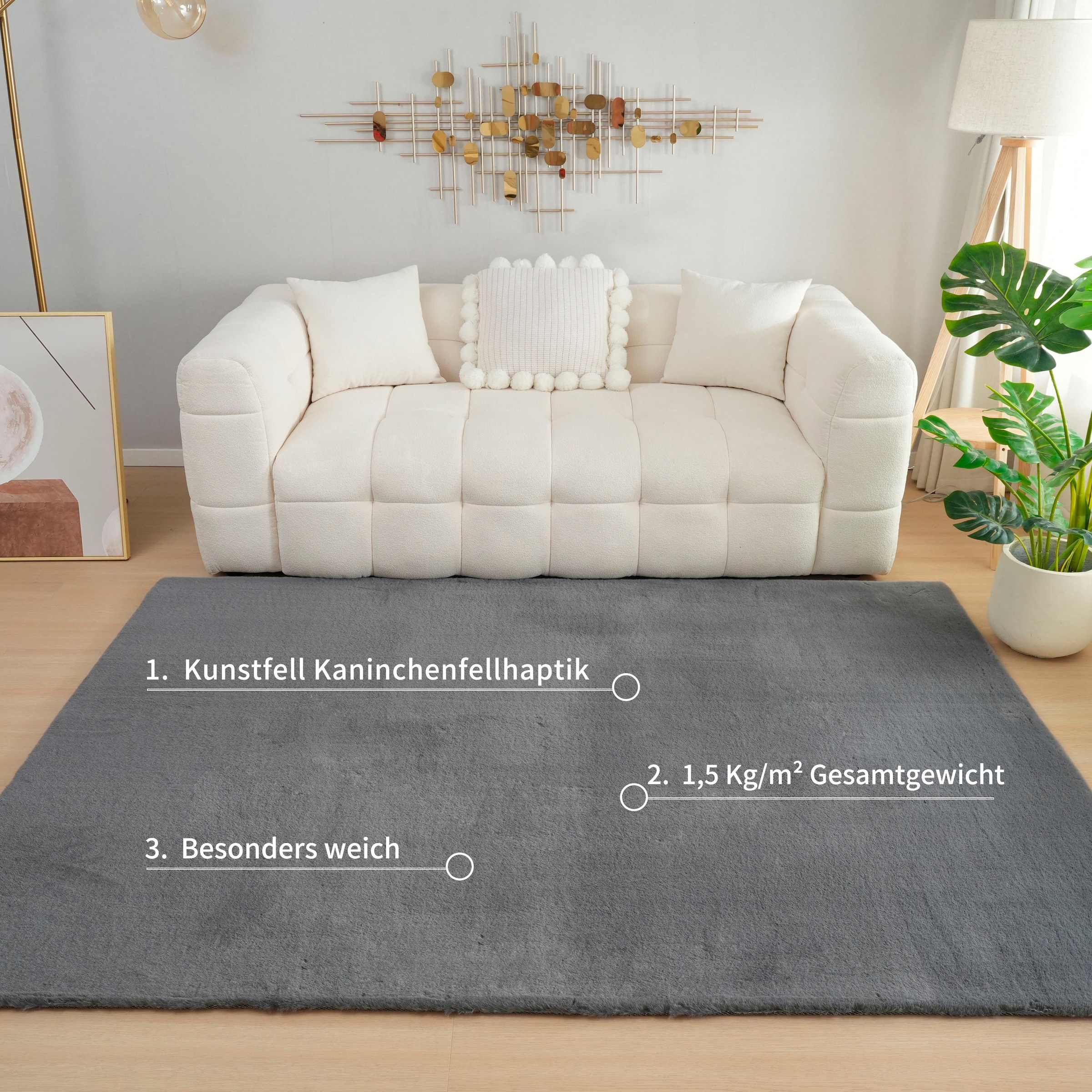 Bruno Banani Tapis en fourrure »Rabbit 2, Kunstfell Teppich, Modern« Rectangulaire 25 mm Höhe Kaninchenfell-Haptik, sehr weich, Wohnzimmer, Schlafzimmer, Esszimmer