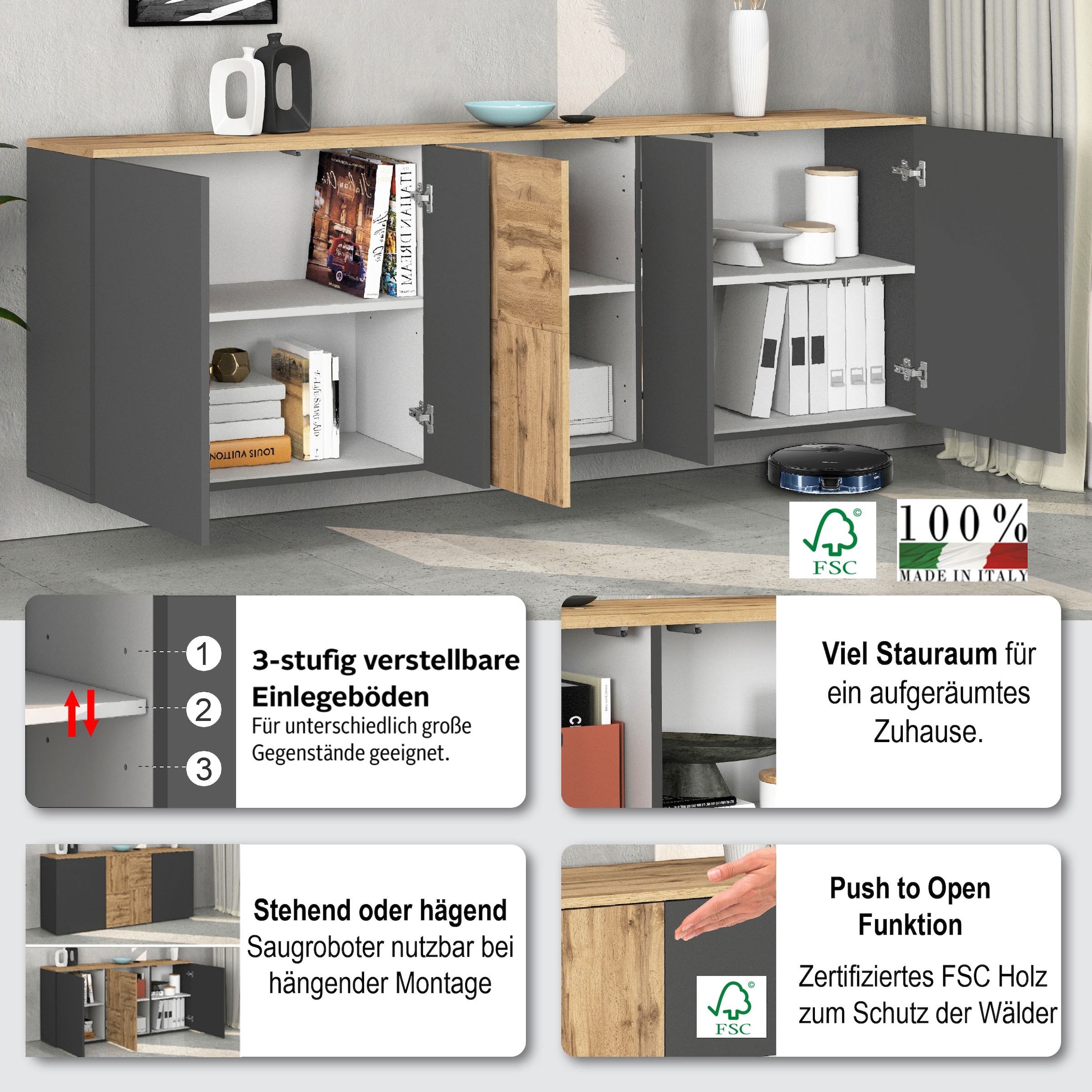 GOODproduct Sideboard »ISEO, Kommode, Schrank, Sideboard, Lowboard, 6 Fächer, Breite 200 cm« 1 cuis tlg. stehend/hängend, 5 Türen, 6 Fächer, Breite 200 cm