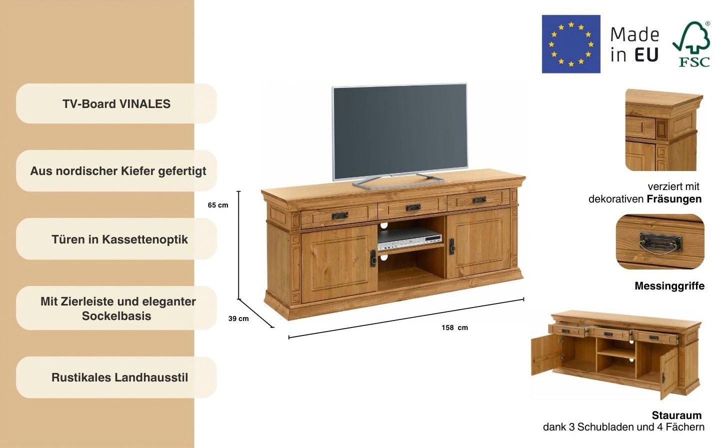 GOODproduct TV-Board »Vinales« Breite 158 cm, mit 3 Schubladen
