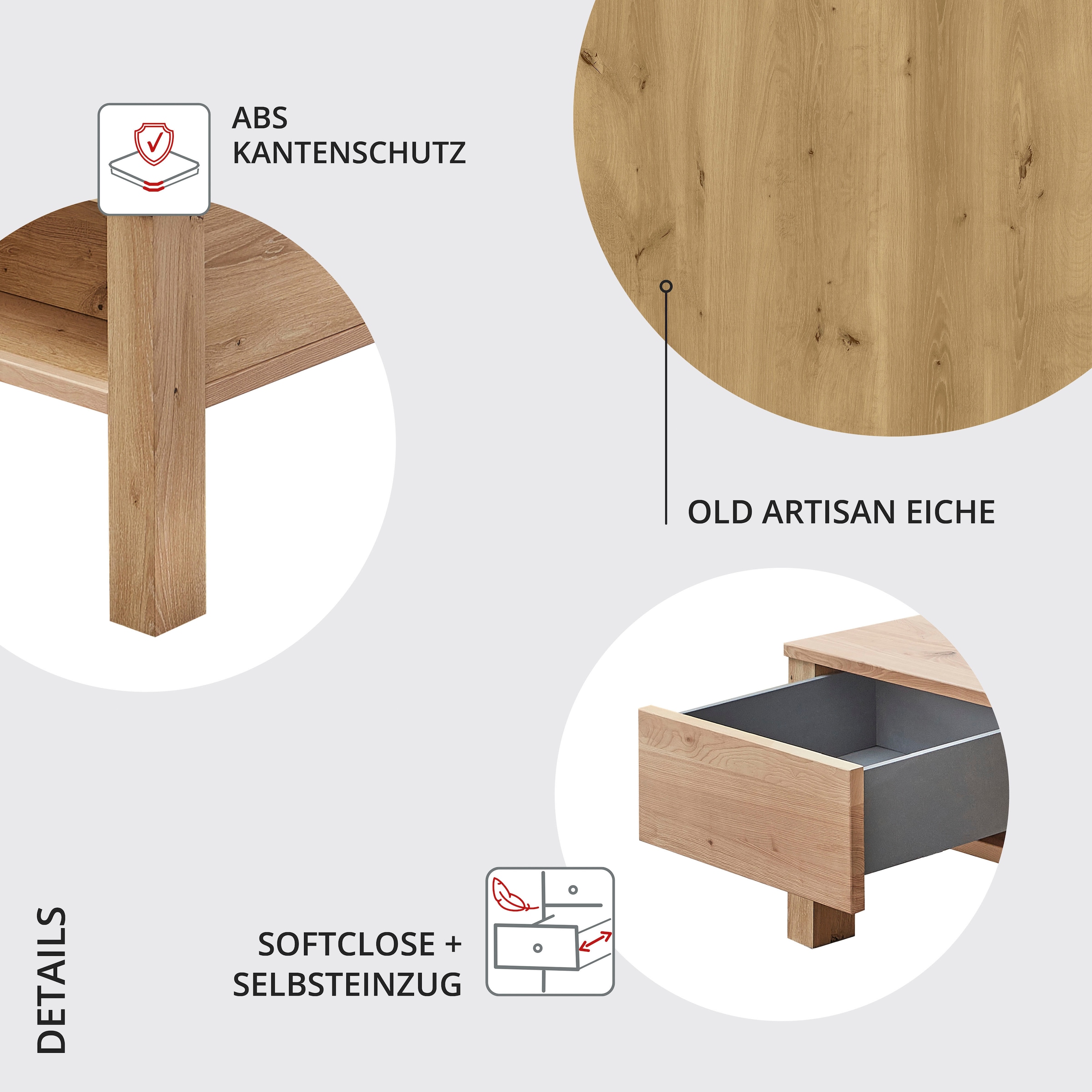 Wohnconcept Table basse »Malaga Couchtisch, 115x45x65 (BxHxT)« 1 cuis tlg. plateau en bois massif, 1 tiroir, 3 compartiments ouverts, protection d’angle ABS